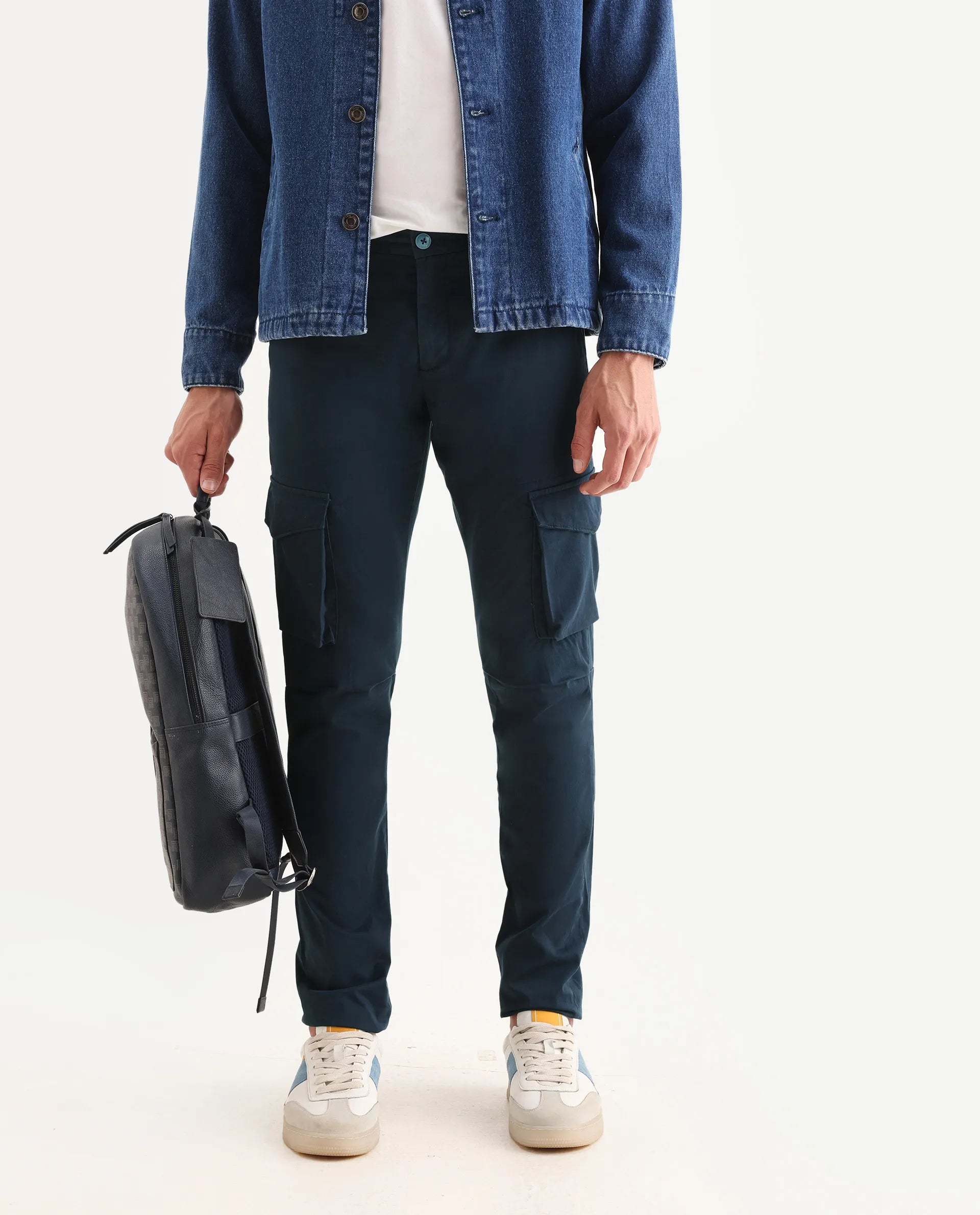 Rare Rabbit Men's Celu Navy Cotton Plain Slim Fit Trouser