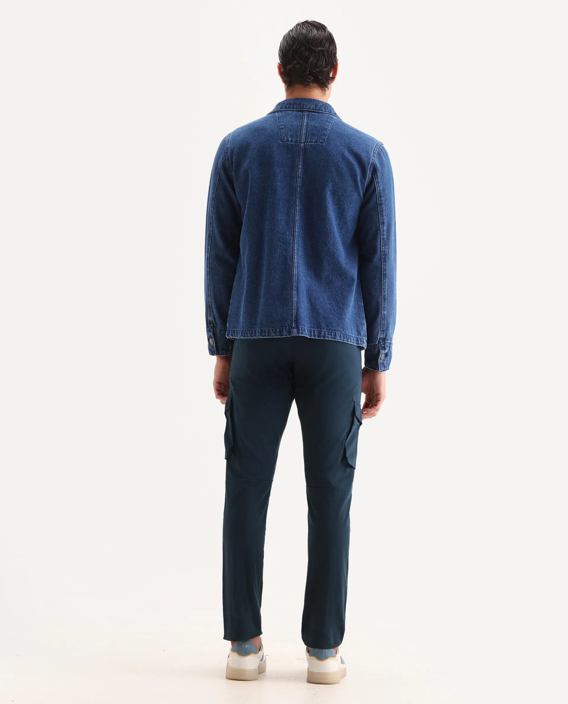 Rare Rabbit Men's Celu Navy Cotton Plain Slim Fit Trouser