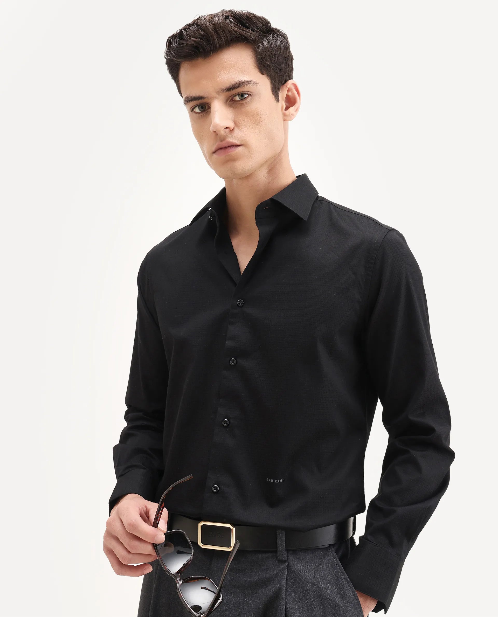 Rare Rabbit Men's Centi-25 Black Cotton Fabric Spread Collar Regular Fit Plain Shirt
