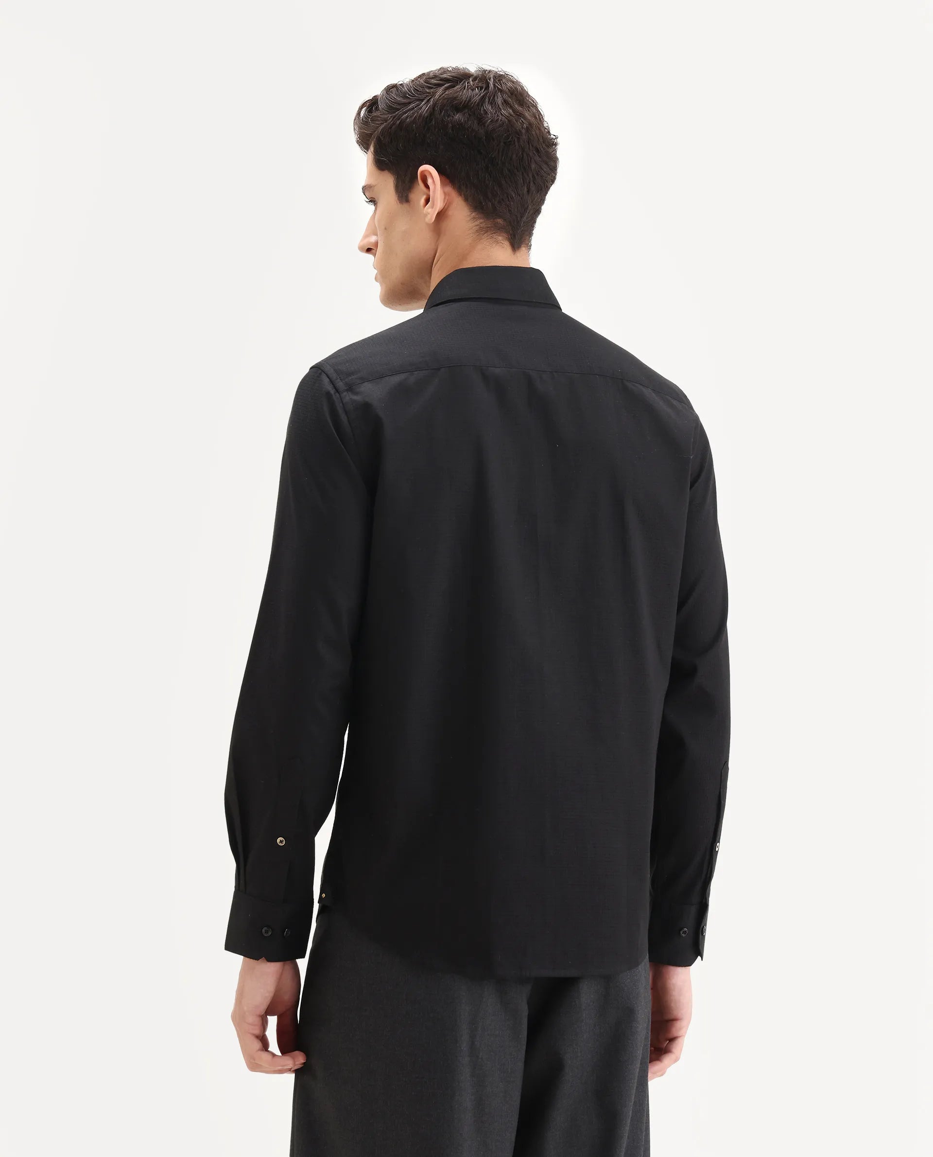 Rare Rabbit Men's Centi-25 Black Cotton Fabric Spread Collar Regular Fit Plain Shirt