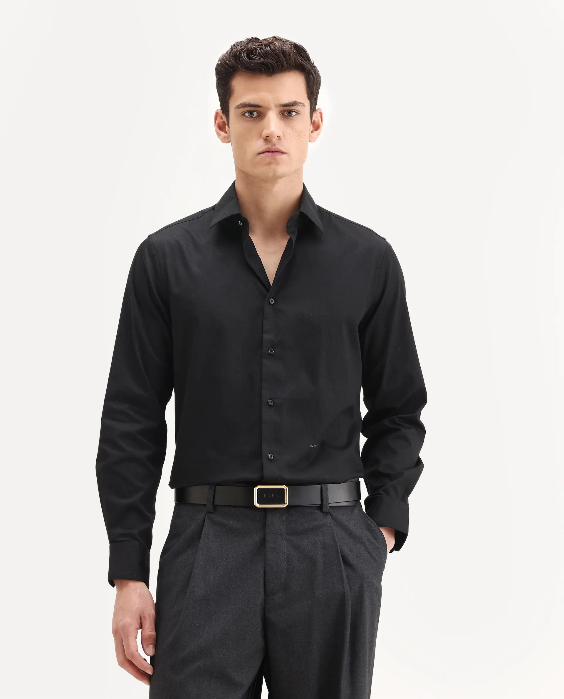 Rare Rabbit Men's Centi-25 Black Cotton Fabric Spread Collar Regular Fit Plain Shirt