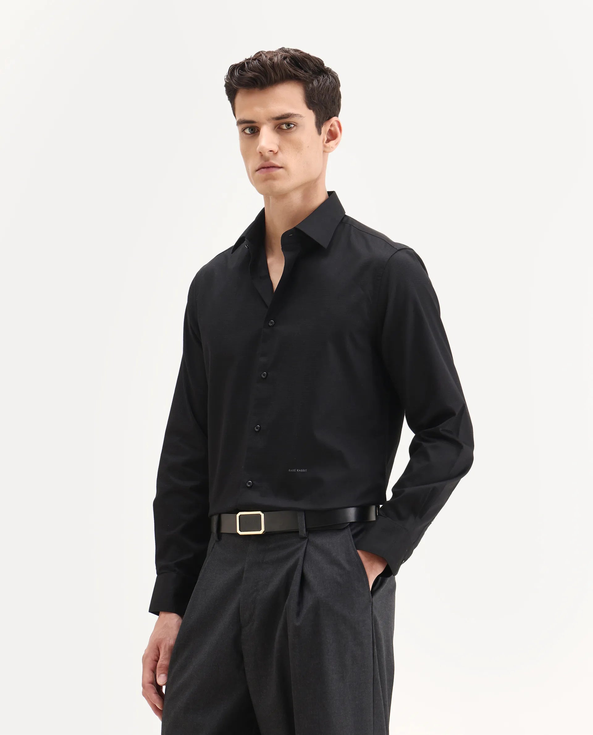 Rare Rabbit Men's Centi-25 Black Cotton Fabric Spread Collar Regular Fit Plain Shirt
