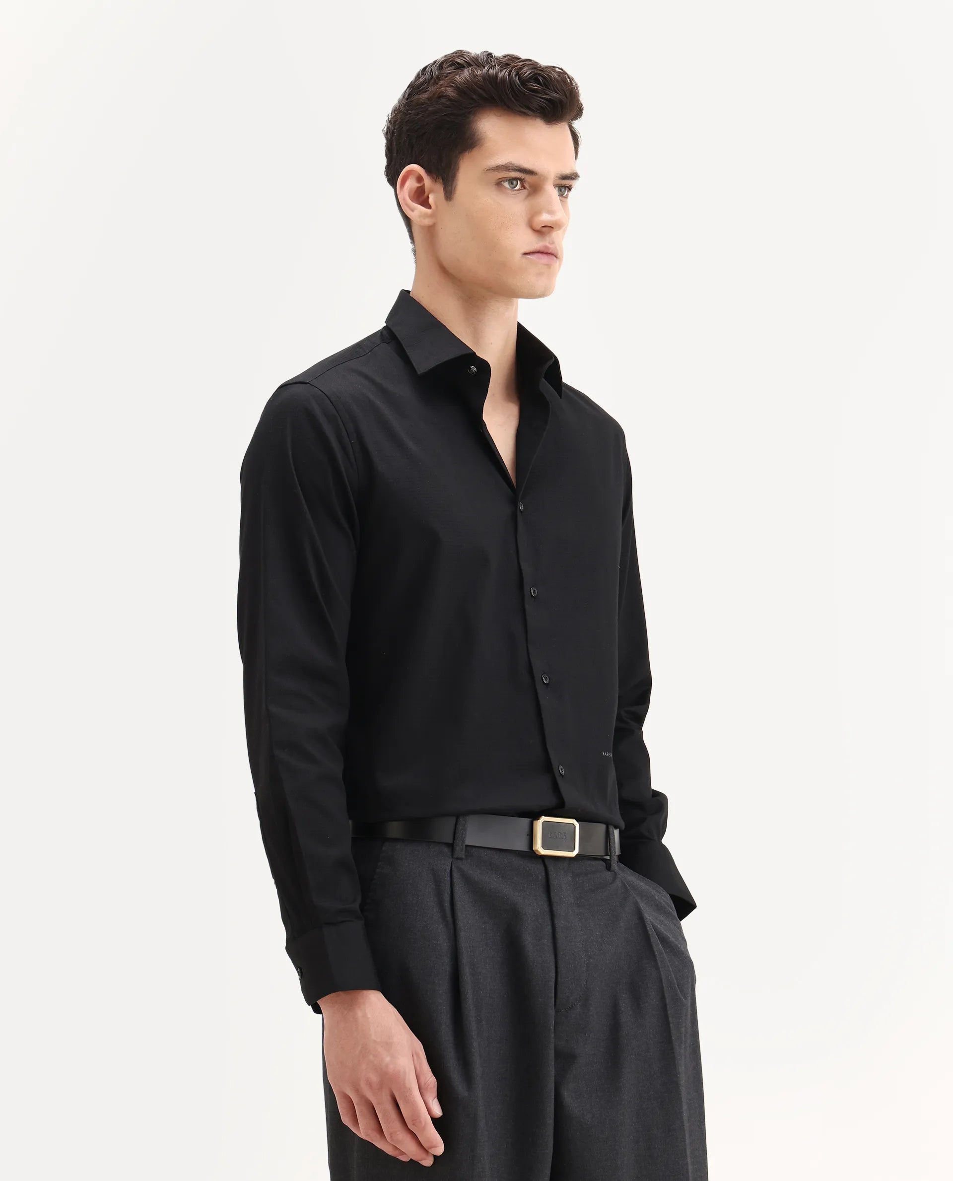 Rare Rabbit Men's Centi-25 Black Cotton Fabric Spread Collar Regular Fit Plain Shirt