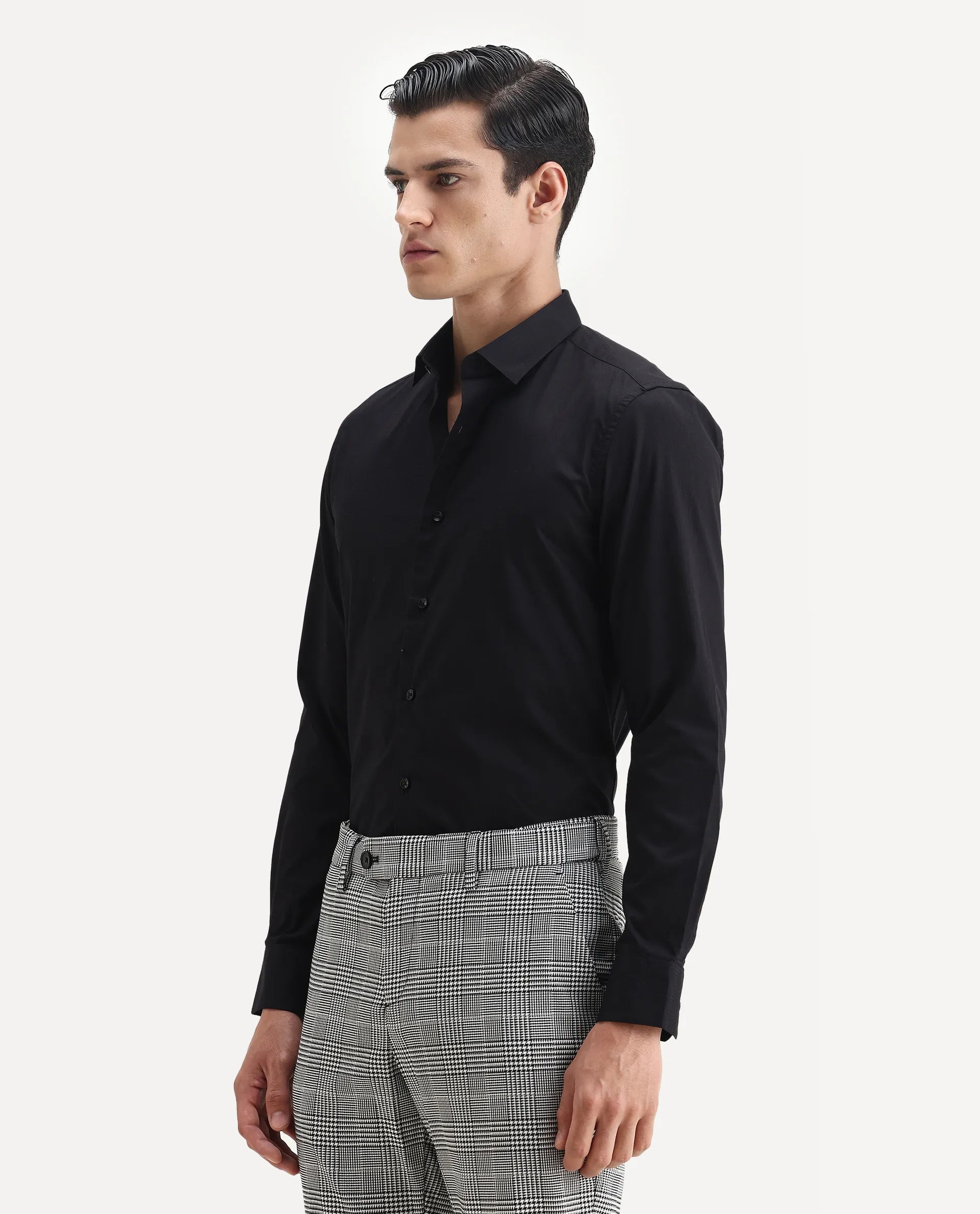 Rare Rabbit Men's Centi Black Cotton Plain Regular Fit Full Sleeve Collared Shirt