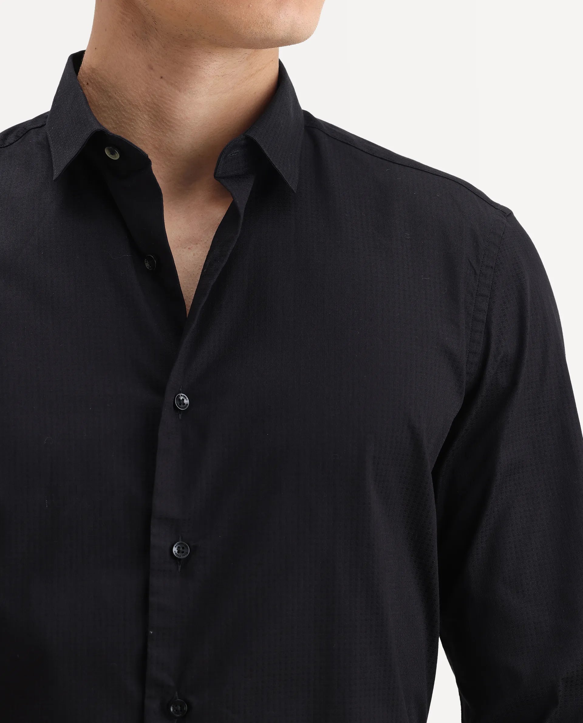Rare Rabbit Men's Centi Black Cotton Plain Regular Fit Full Sleeve Collared Shirt