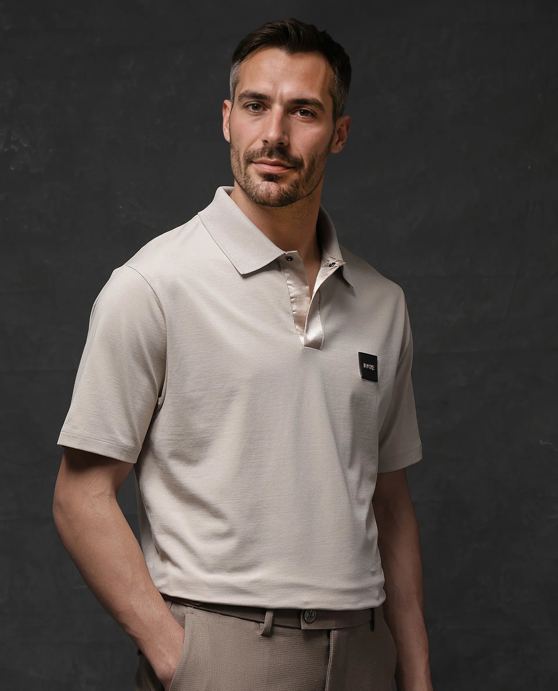 Rare Rabbit Men Centor Beige Short Sleeve Collared Neck Button Closure Plain Polo