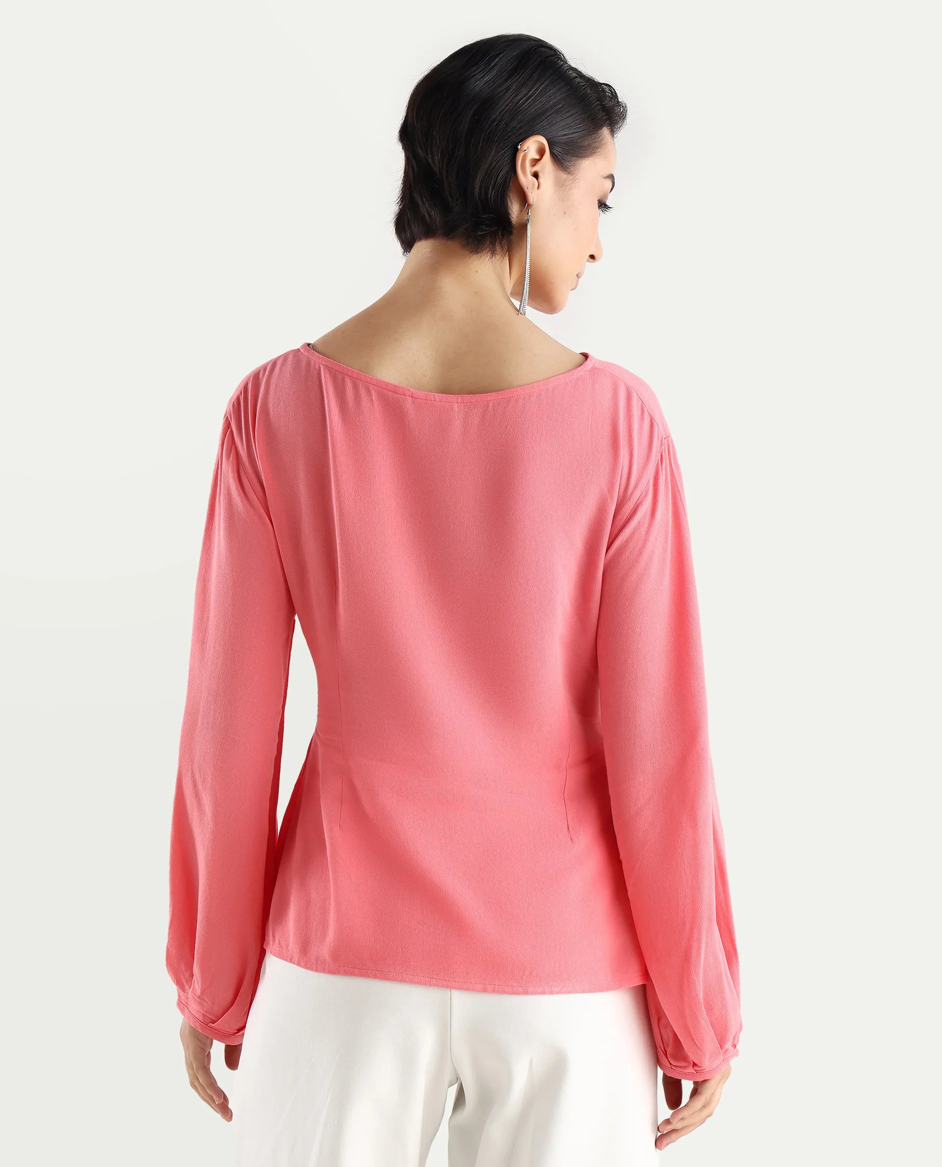 Rareism Women's Centro Dark Pink Viscose Blend Boat Neck Plain Bishop Sleeve Regular Fit Top