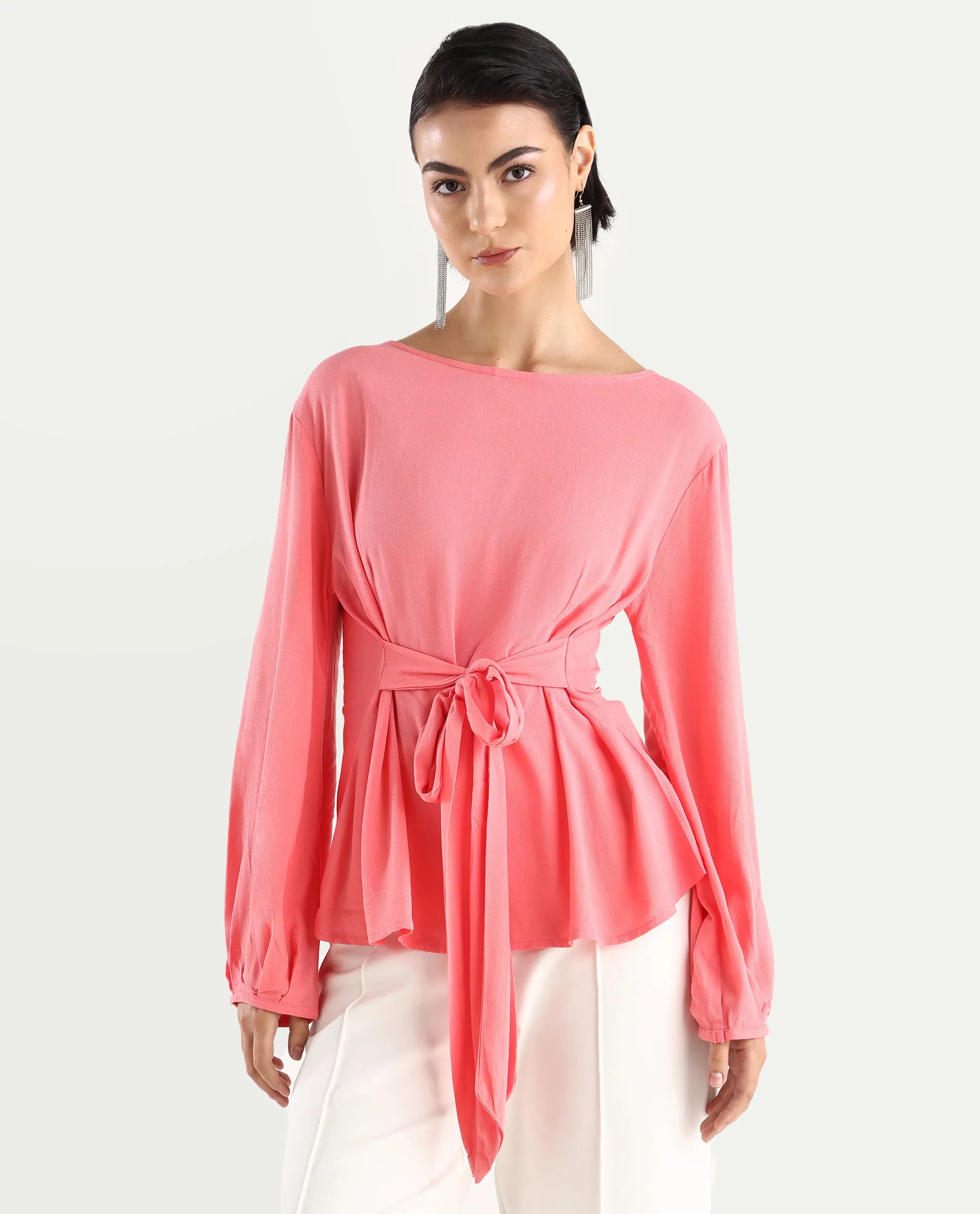 Rareism Women's Centro Dark Pink Viscose Blend Boat Neck Plain Bishop Sleeve Regular Fit Top