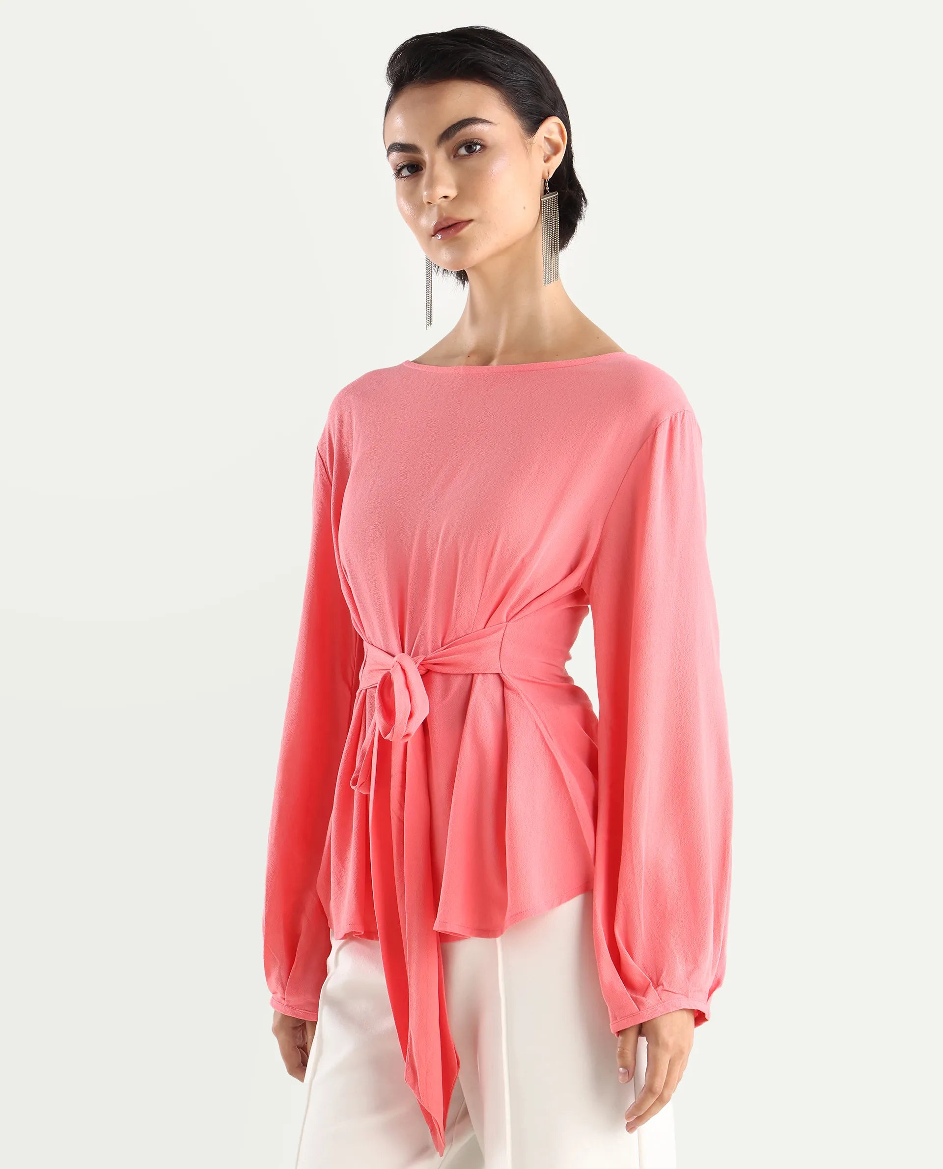 Rareism Women's Centro Dark Pink Viscose Blend Boat Neck Plain Bishop Sleeve Regular Fit Top