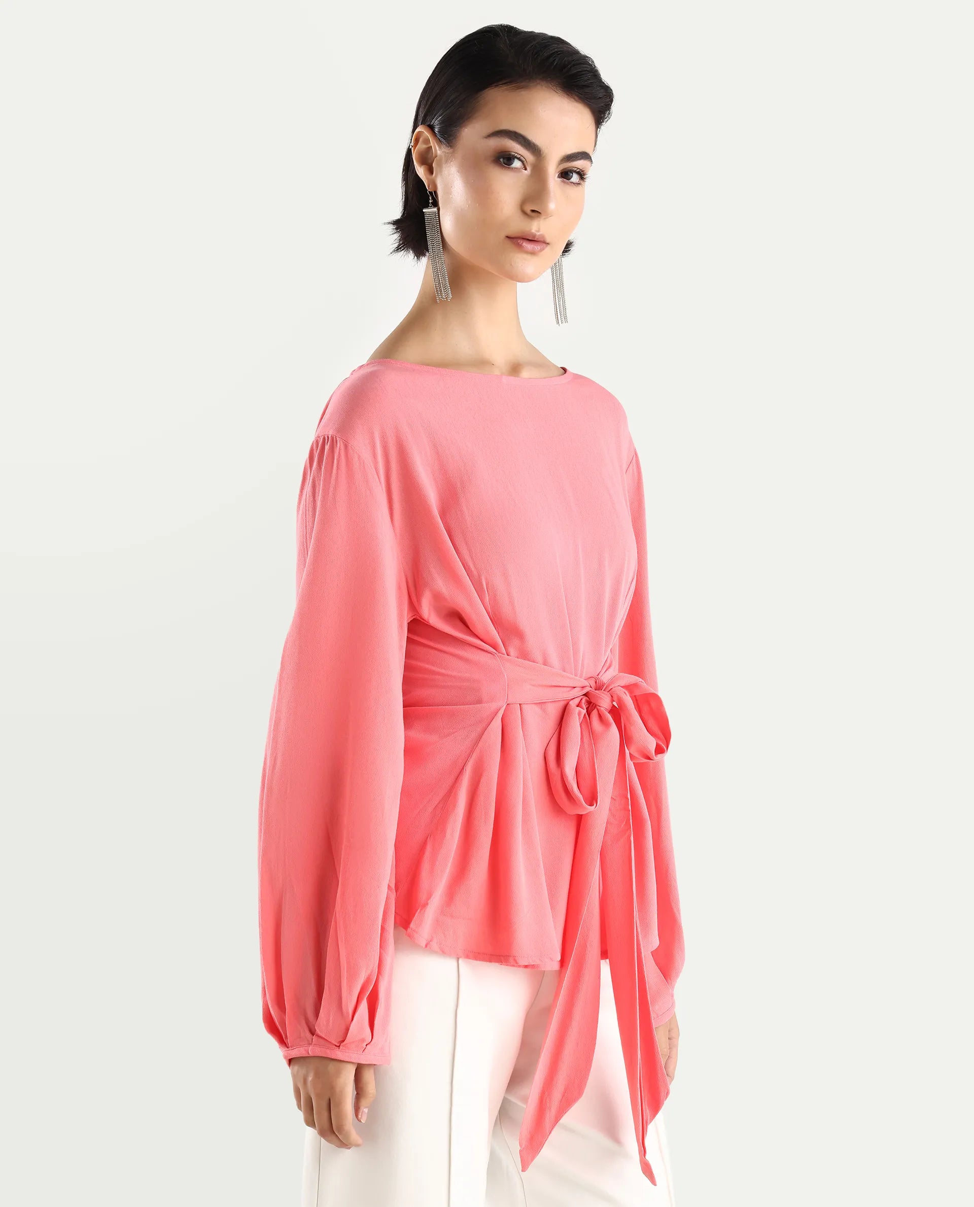 Rareism Women's Centro Dark Pink Viscose Blend Boat Neck Plain Bishop Sleeve Regular Fit Top