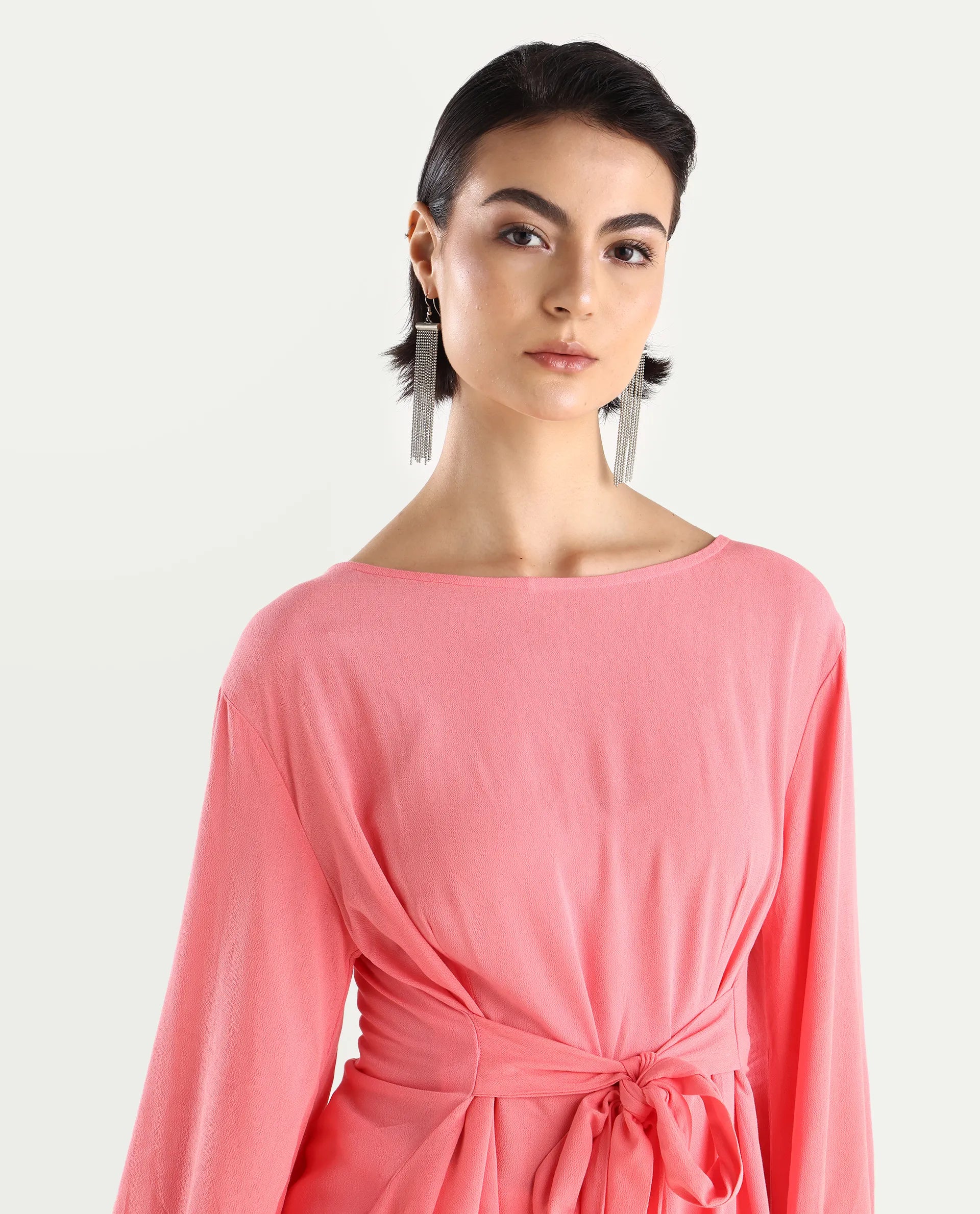 Rareism Women's Centro Dark Pink Viscose Blend Boat Neck Plain Bishop Sleeve Regular Fit Top