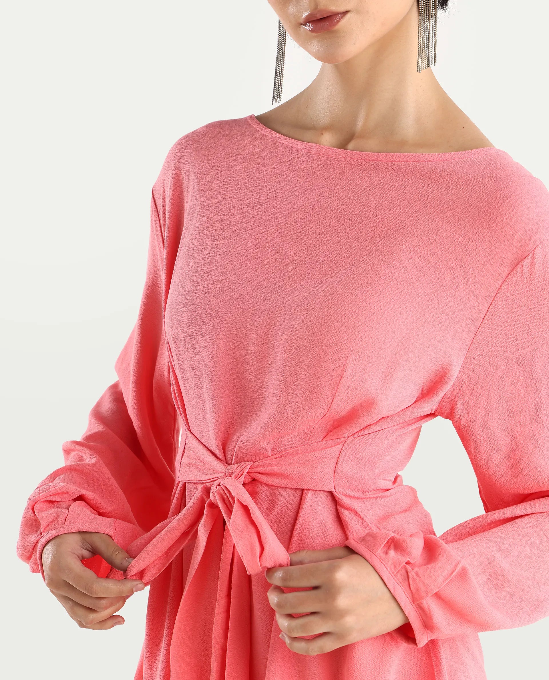 Rareism Women's Centro Dark Pink Viscose Blend Boat Neck Plain Bishop Sleeve Regular Fit Top