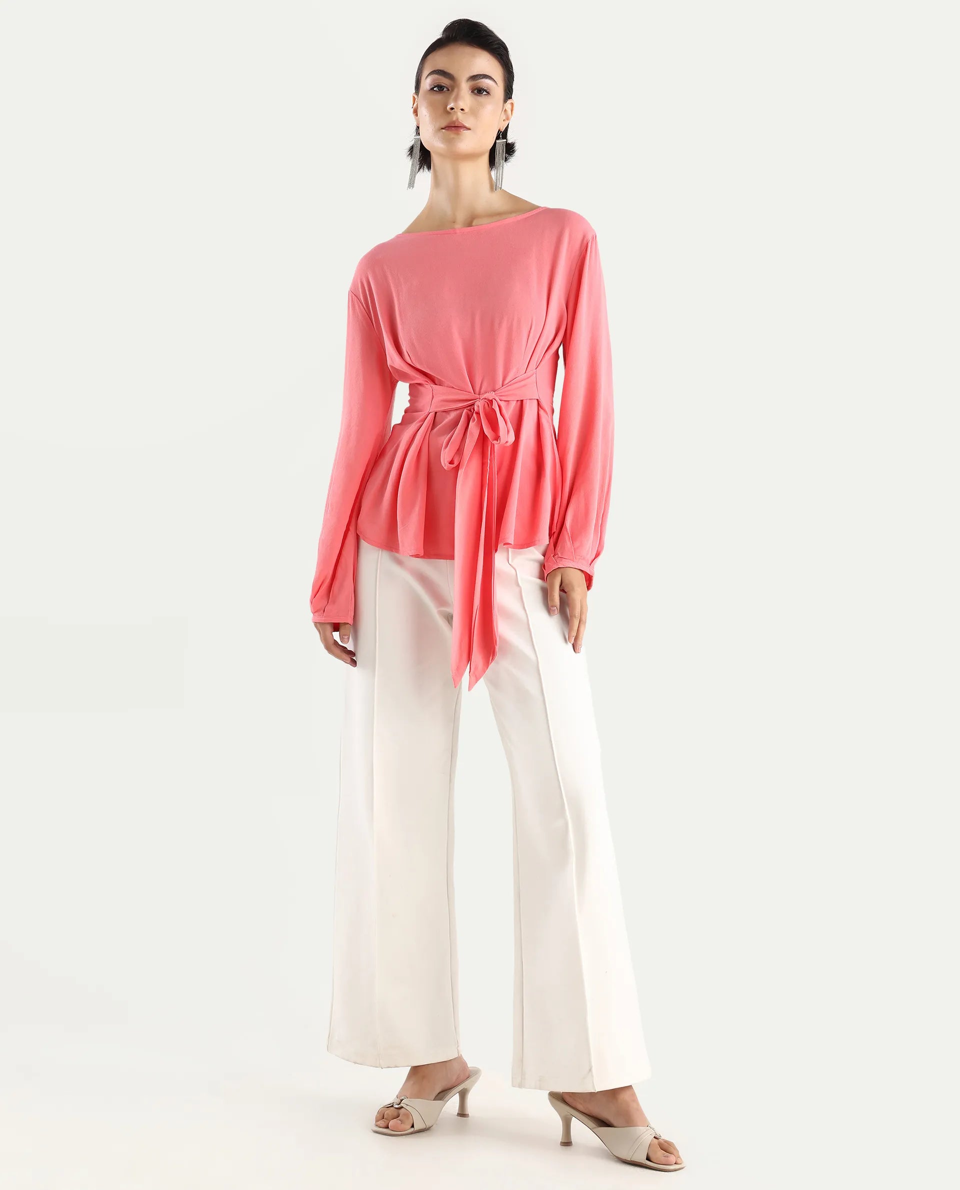 Rareism Women's Centro Dark Pink Viscose Blend Boat Neck Plain Bishop Sleeve Regular Fit Top