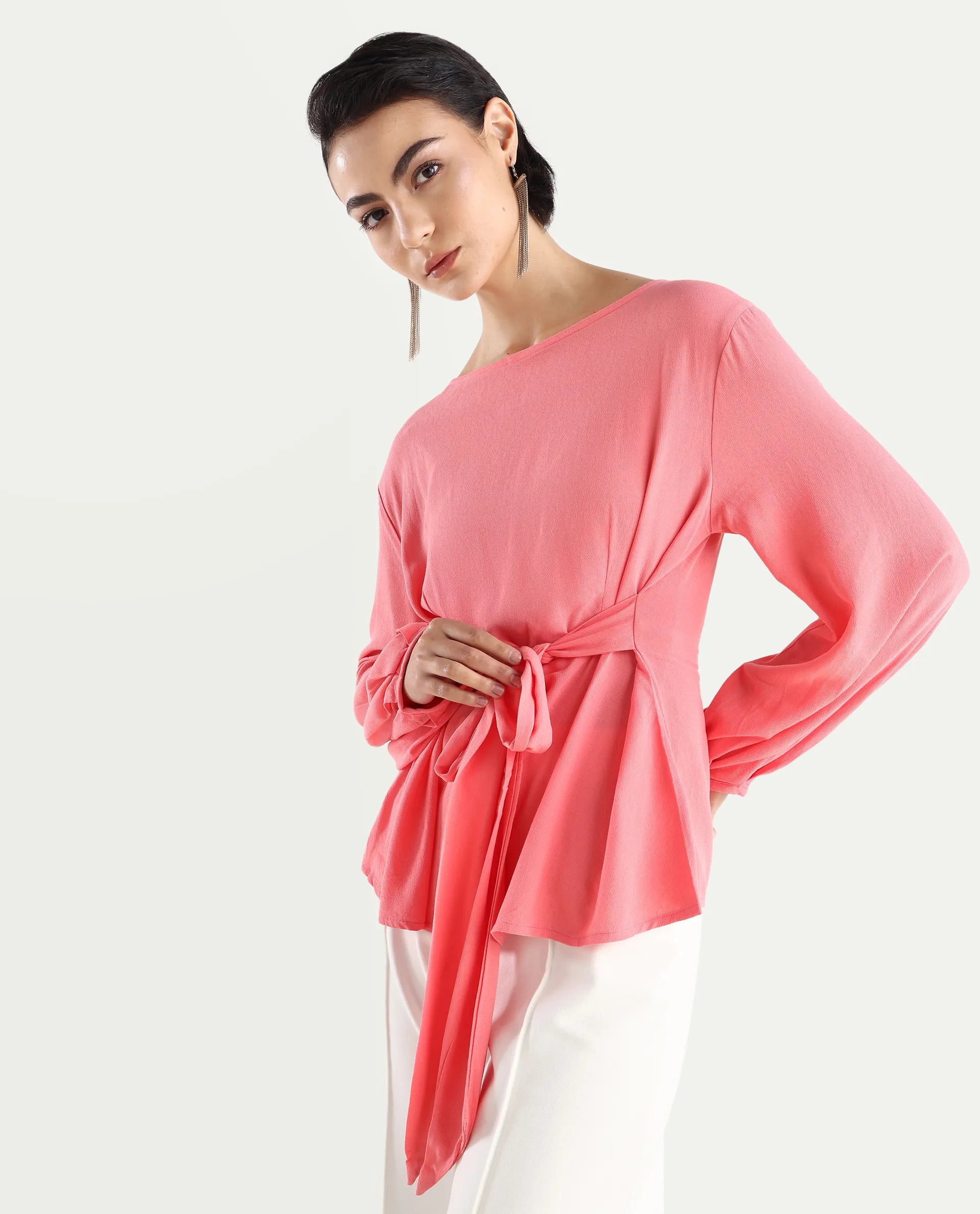 Rareism Women's Centro Dark Pink Viscose Blend Boat Neck Plain Bishop Sleeve Regular Fit Top