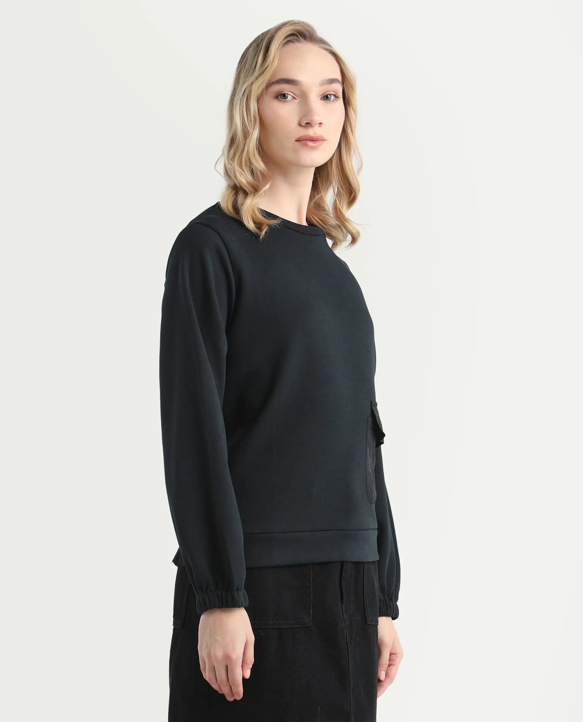 Rareism Women's Century Black Cotton Blend Crew Neck Plain Sleeveless Relaxed Fit Sweatshirt