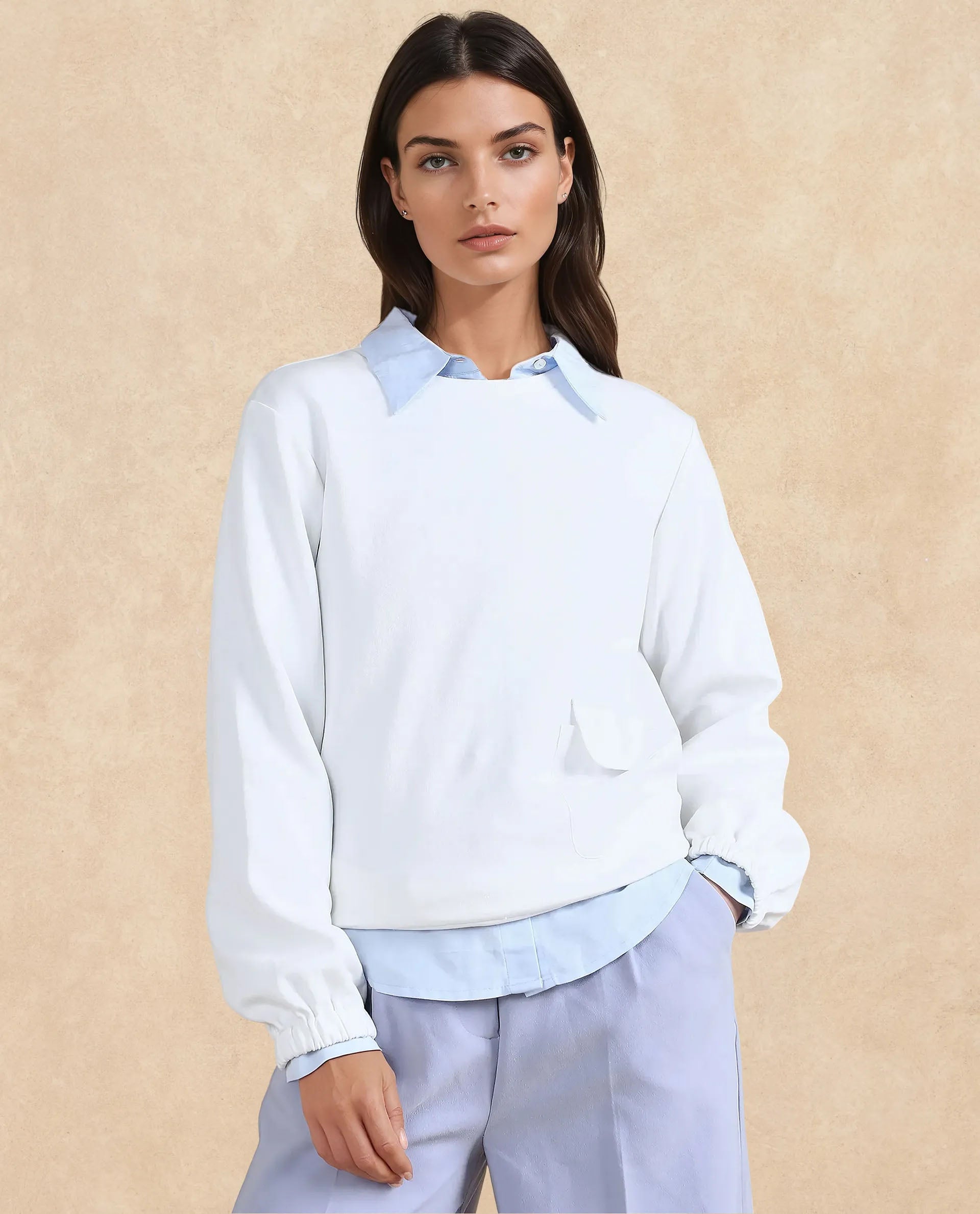 Rareism Women's Century Off White Cotton Blend Crew Neck Plain Relaxed