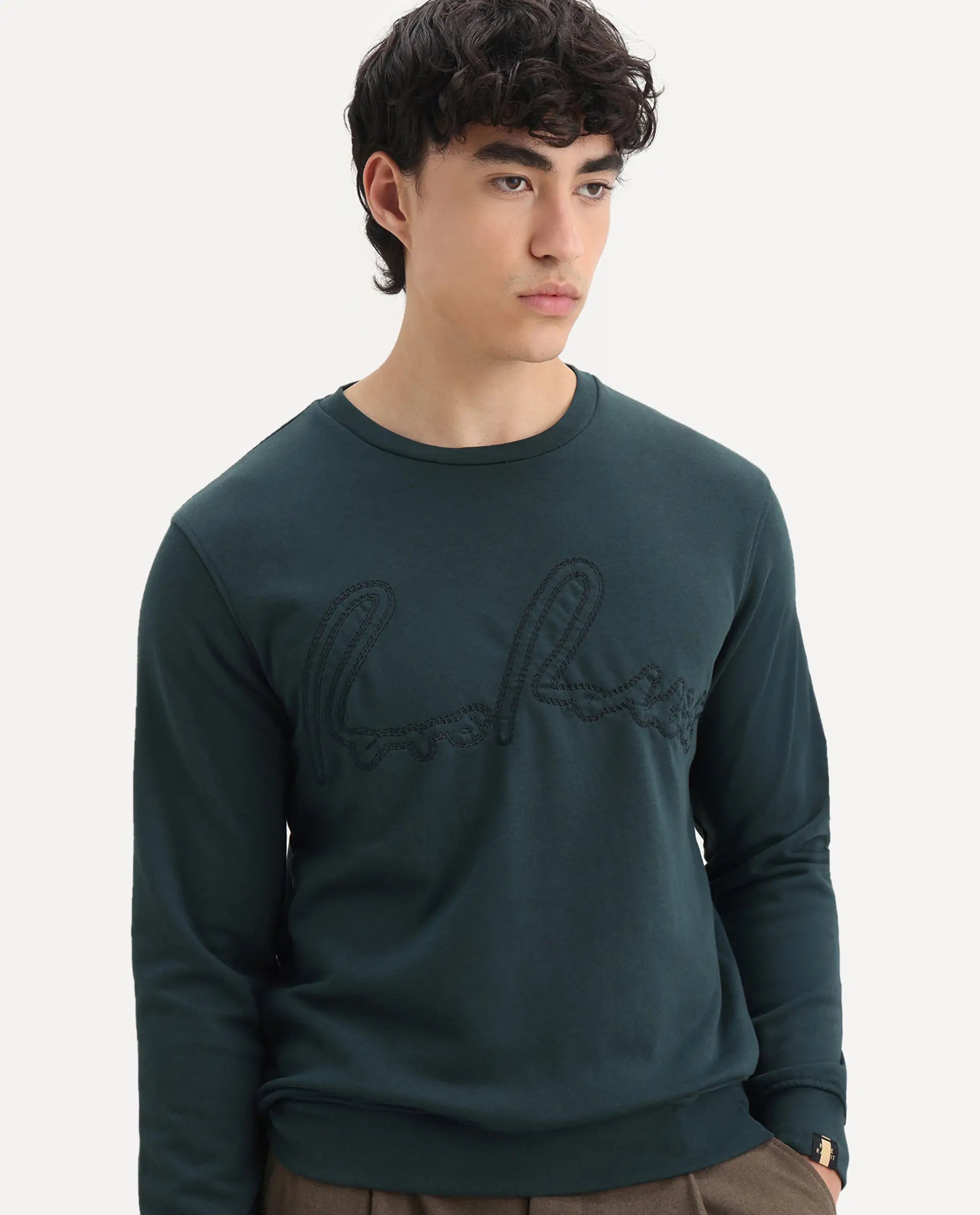 Rare Rabbit Men's Cerdo Dark Green Cotton Embroidered Regular Fit Full Sleeve Crew Neck Sweatshirt