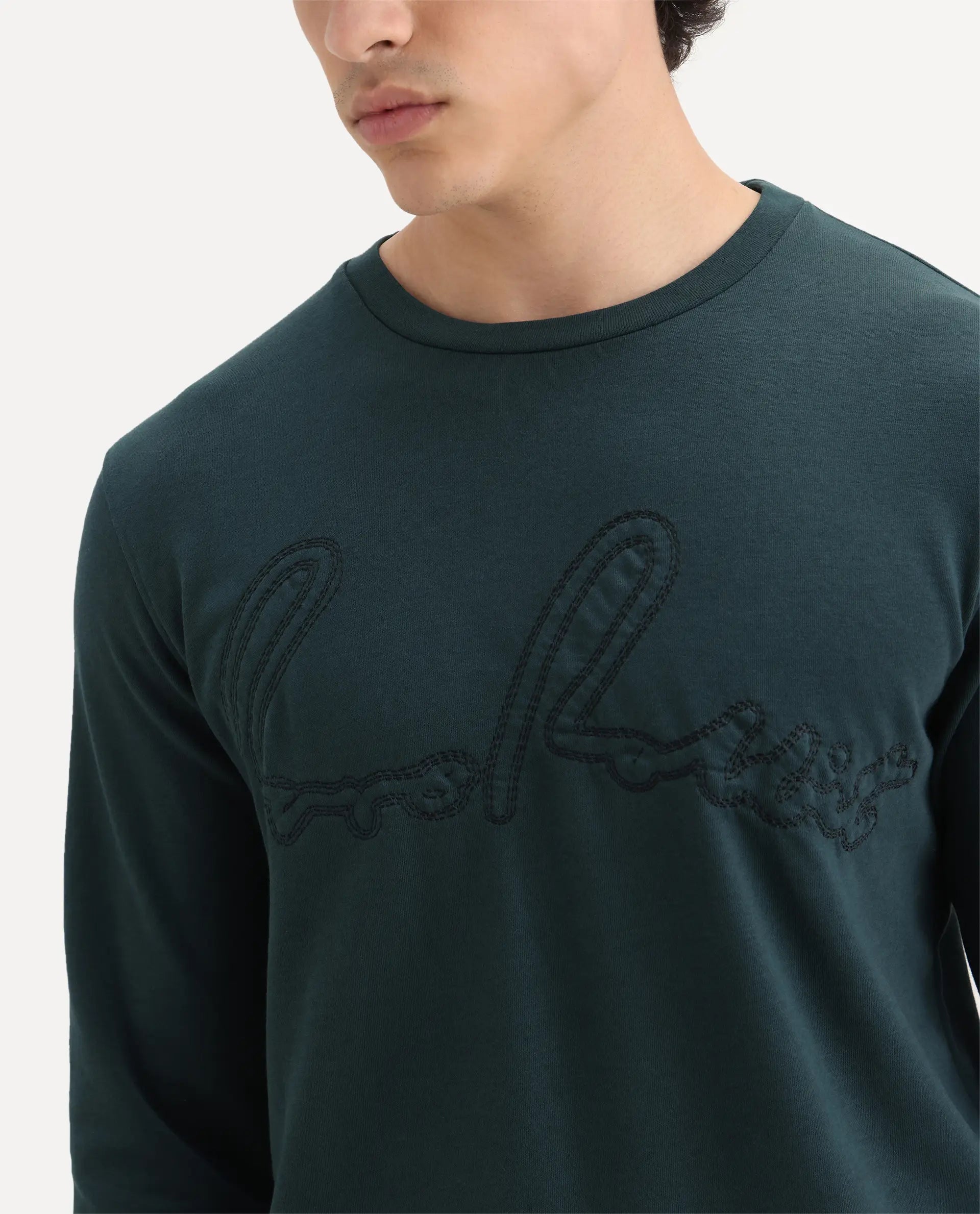 Rare Rabbit Men's Cerdo Dark Green Cotton Embroidered Regular Fit Full Sleeve Crew Neck Sweatshirt