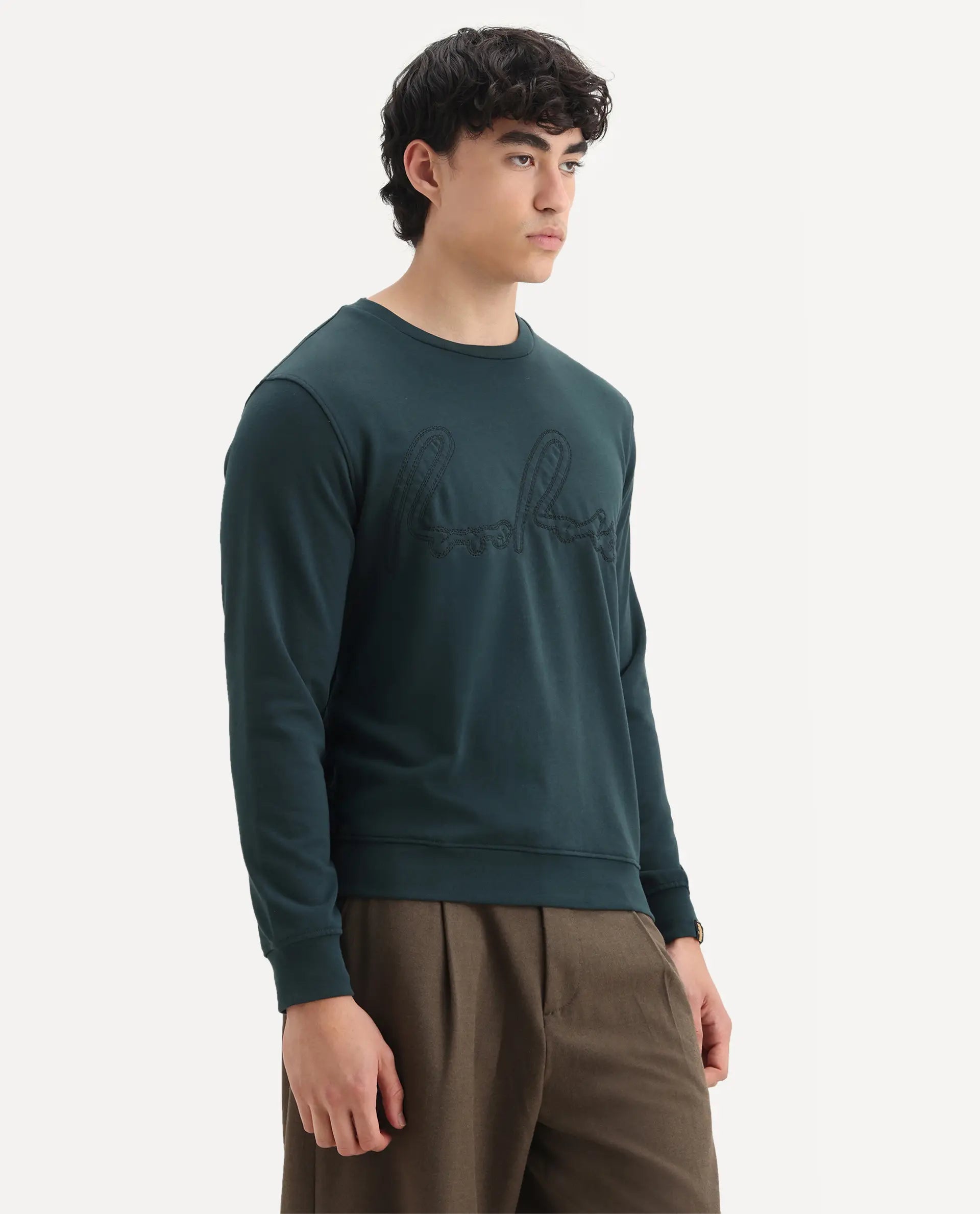Rare Rabbit Men's Cerdo Dark Green Cotton Embroidered Regular Fit Full Sleeve Crew Neck Sweatshirt