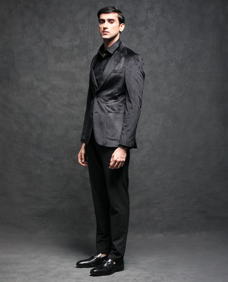 Rare Rabbit Men's Mazey Black Polyester Fabric Peak Lapel Single Breasted Tailored Fit Velvet Blazer