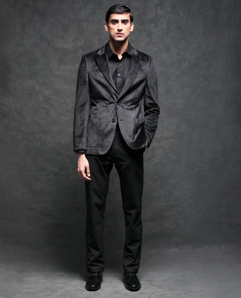 Rare Rabbit Men's Mazey Black Polyester Fabric Peak Lapel Single Breasted Tailored Fit Velvet Blazer