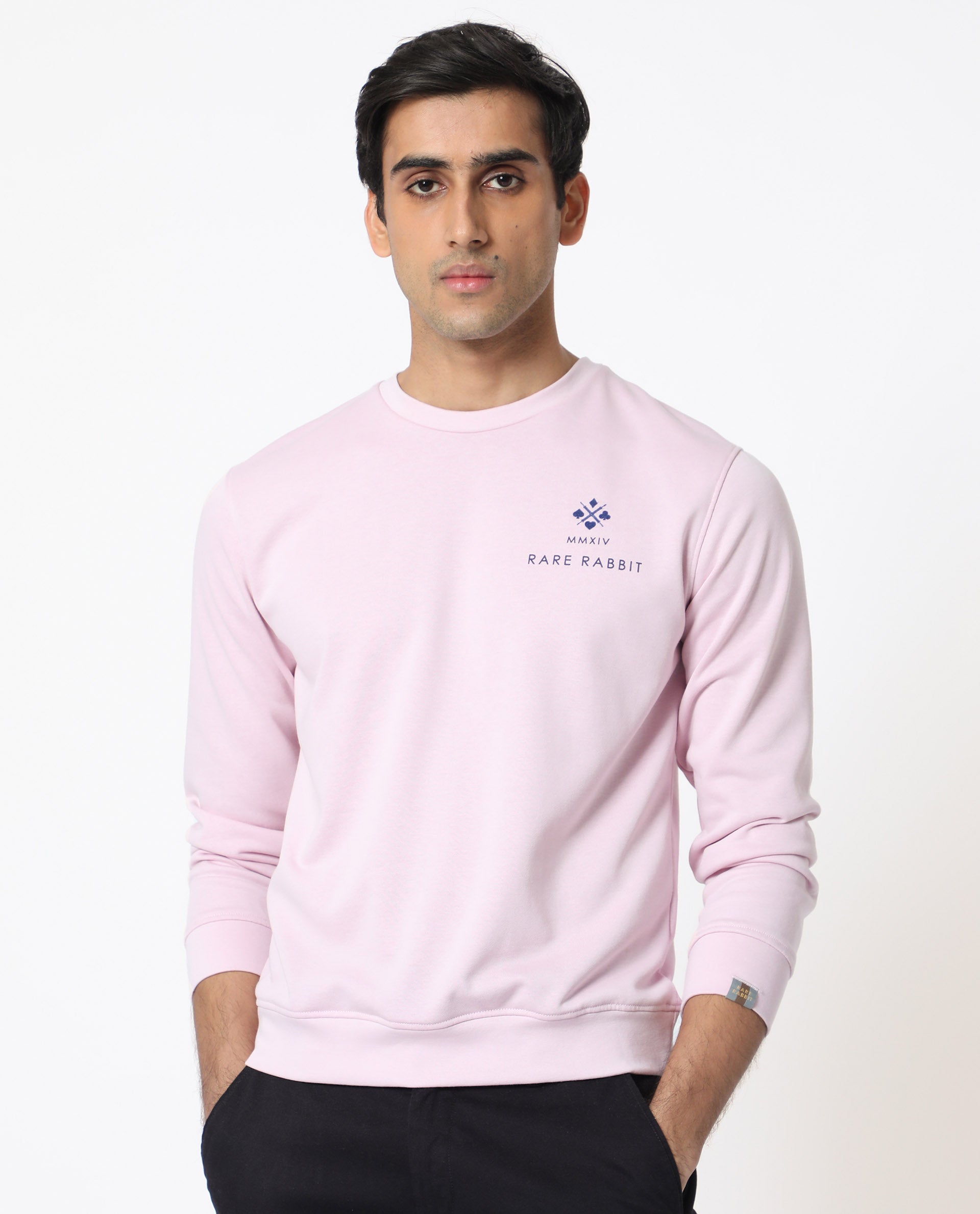 Rare Rabbit Men's Cerdon Light Pink Cotton Polyester Fabric Full Sleeves Graphic Branding Print Knitted Sweatshirt