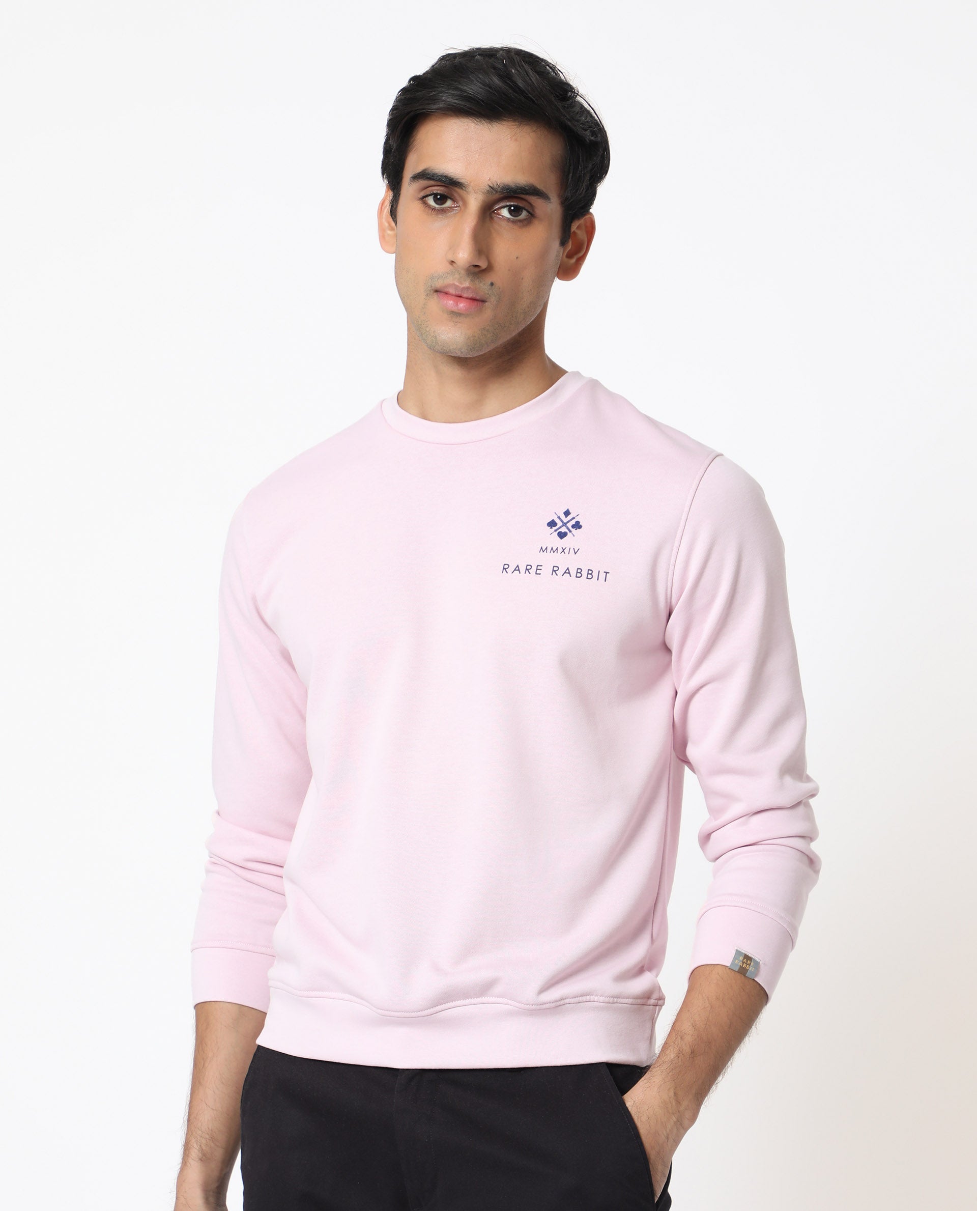 Rare Rabbit Men's Cerdon Light Pink Cotton Polyester Fabric Full Sleeves Graphic Branding Print Knitted Sweatshirt