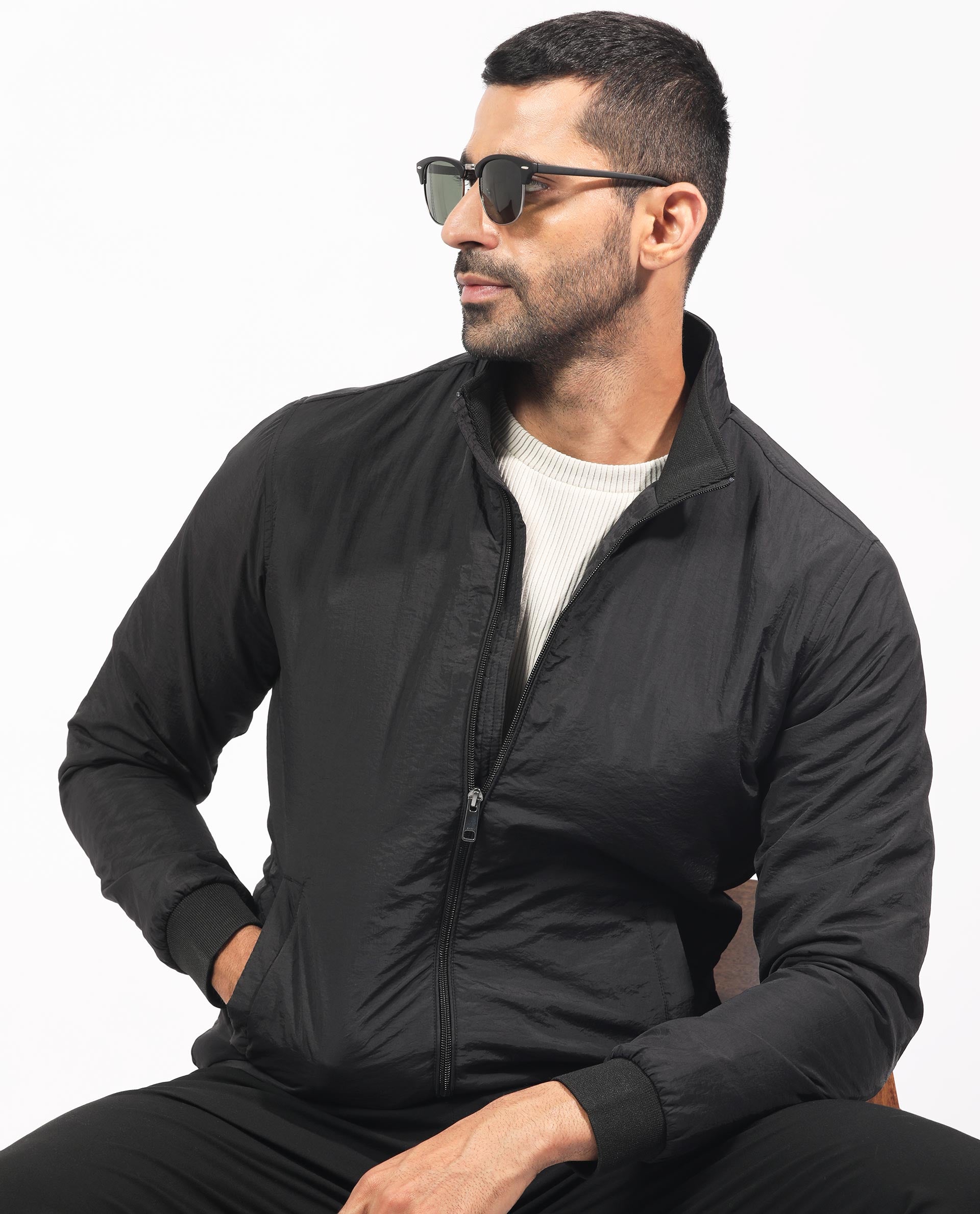 Rare Rabbit Men's Cerno Black Polyester Plain Regular Fit Full Sleeve Mandarin Collar Jacket