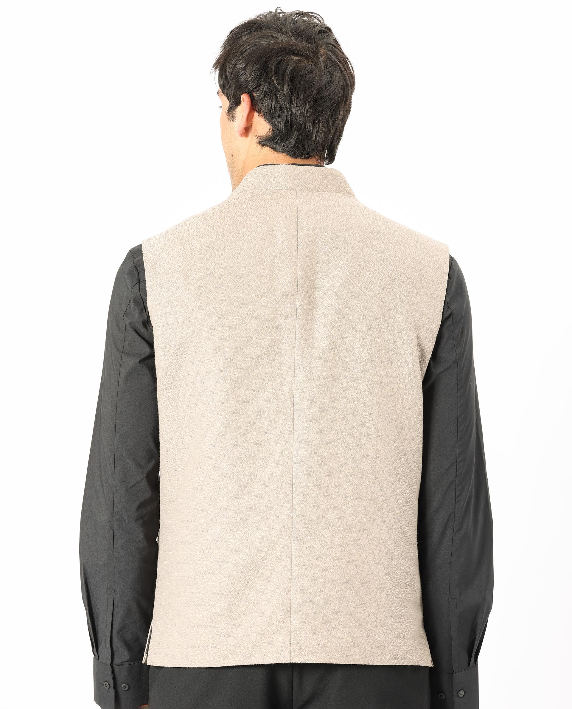 Rare Rabbit Men's Cerny Dark Beige Mandarin Collar Tailored Fit Geometric Jacquard Bandi