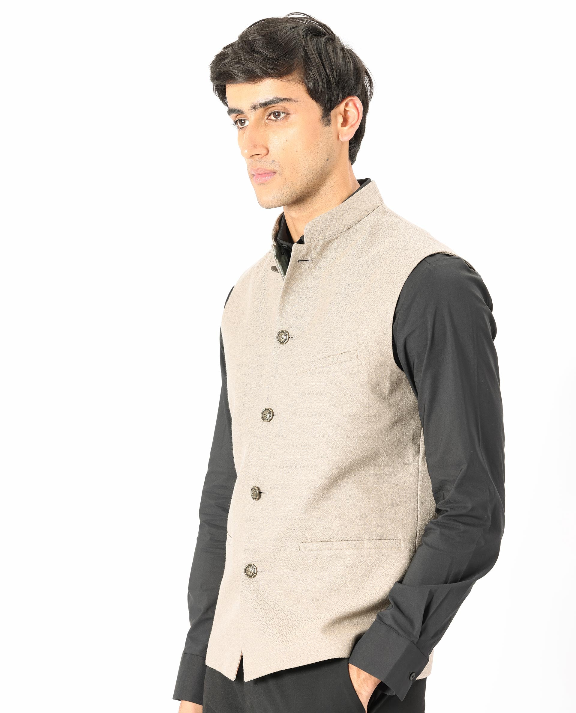 Rare Rabbit Men's Cerny Dark Beige Mandarin Collar Tailored Fit Geometric Jacquard Bandi