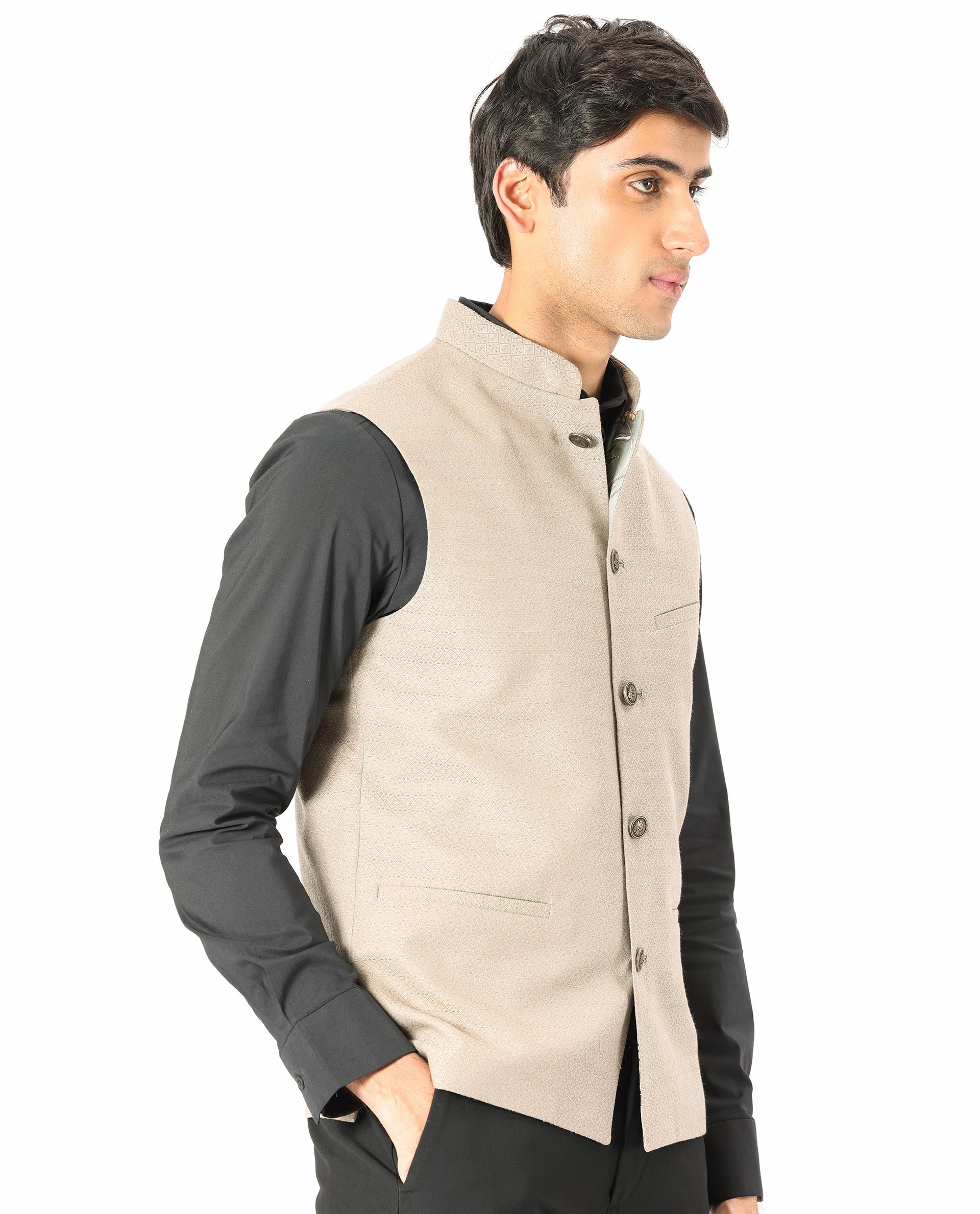 Rare Rabbit Men's Cerny Dark Beige Mandarin Collar Tailored Fit Geometric Jacquard Bandi