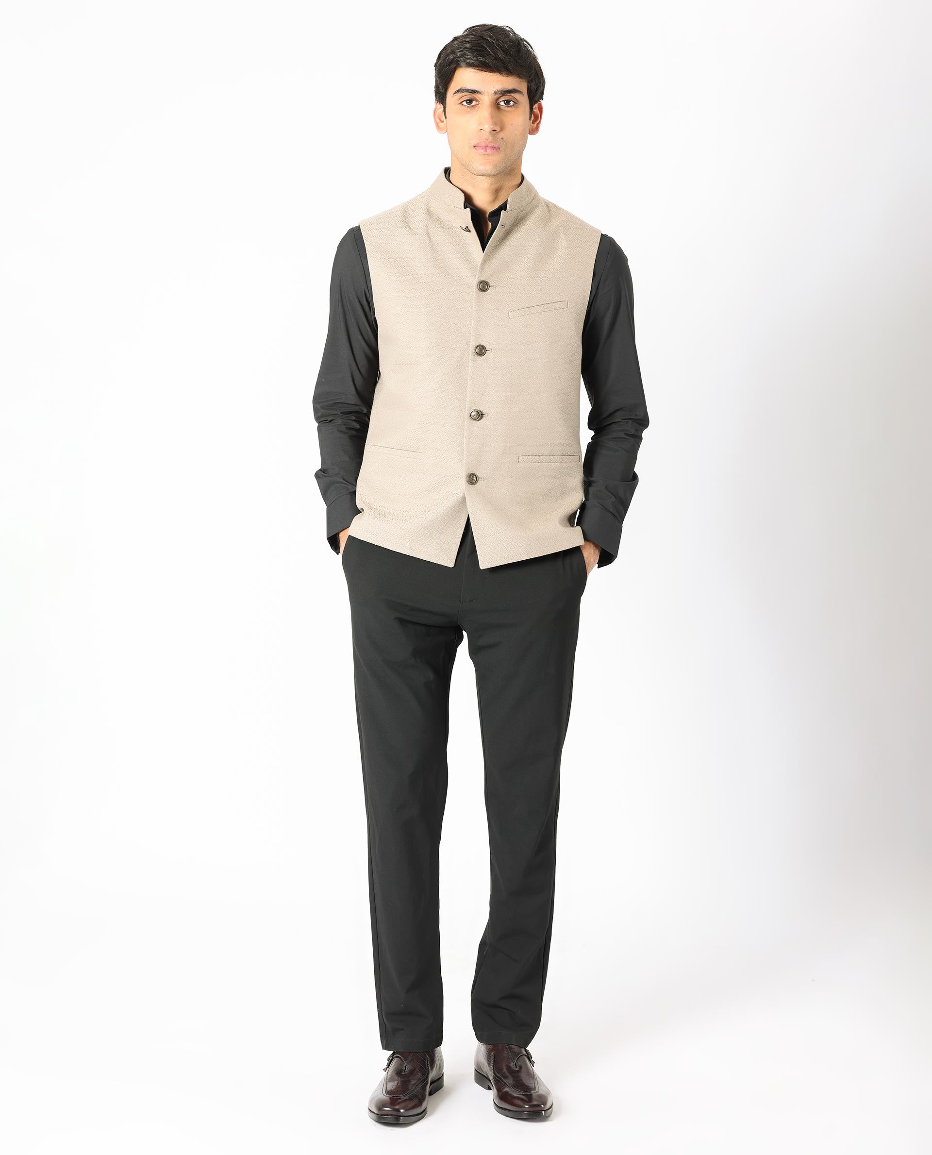 Rare Rabbit Men's Cerny Dark Beige Mandarin Collar Tailored Fit Geometric Jacquard Bandi