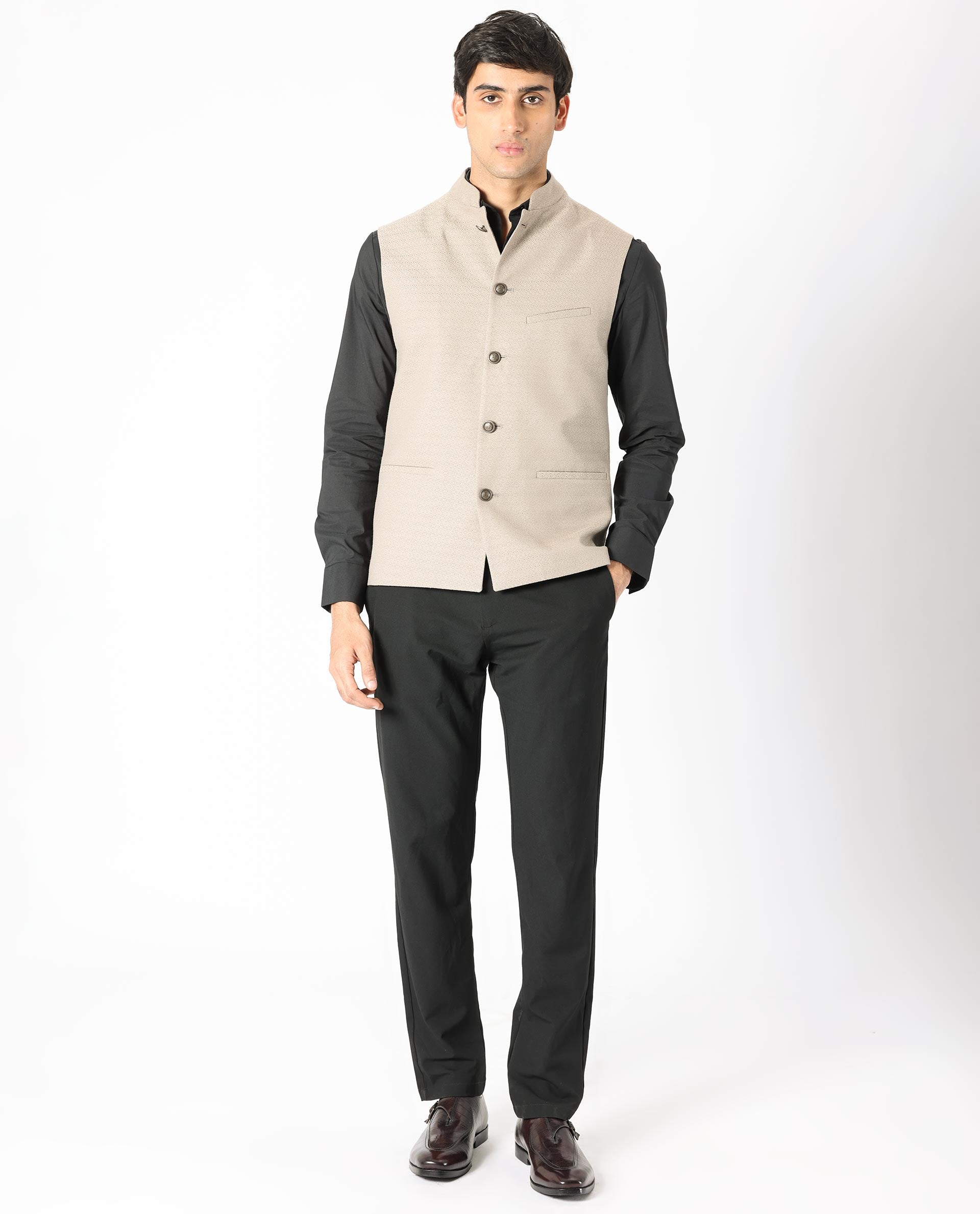 Rare Rabbit Men's Cerny Dark Beige Mandarin Collar Tailored Fit Geometric Jacquard Bandi