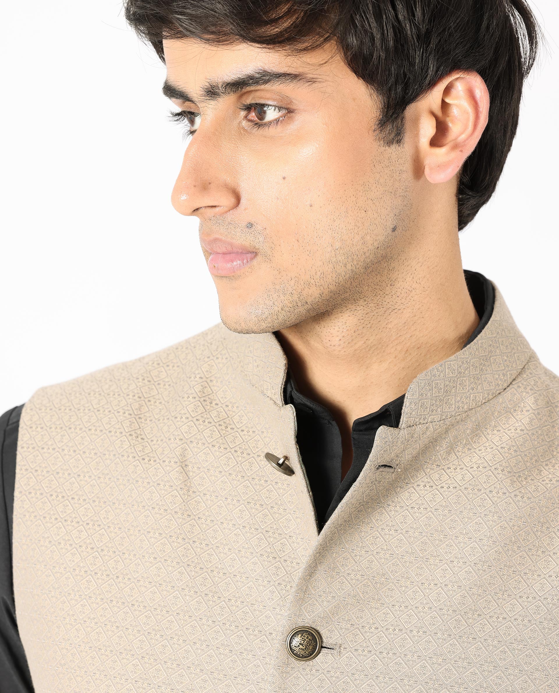 Rare Rabbit Men's Cerny Dark Beige Mandarin Collar Tailored Fit Geometric Jacquard Bandi