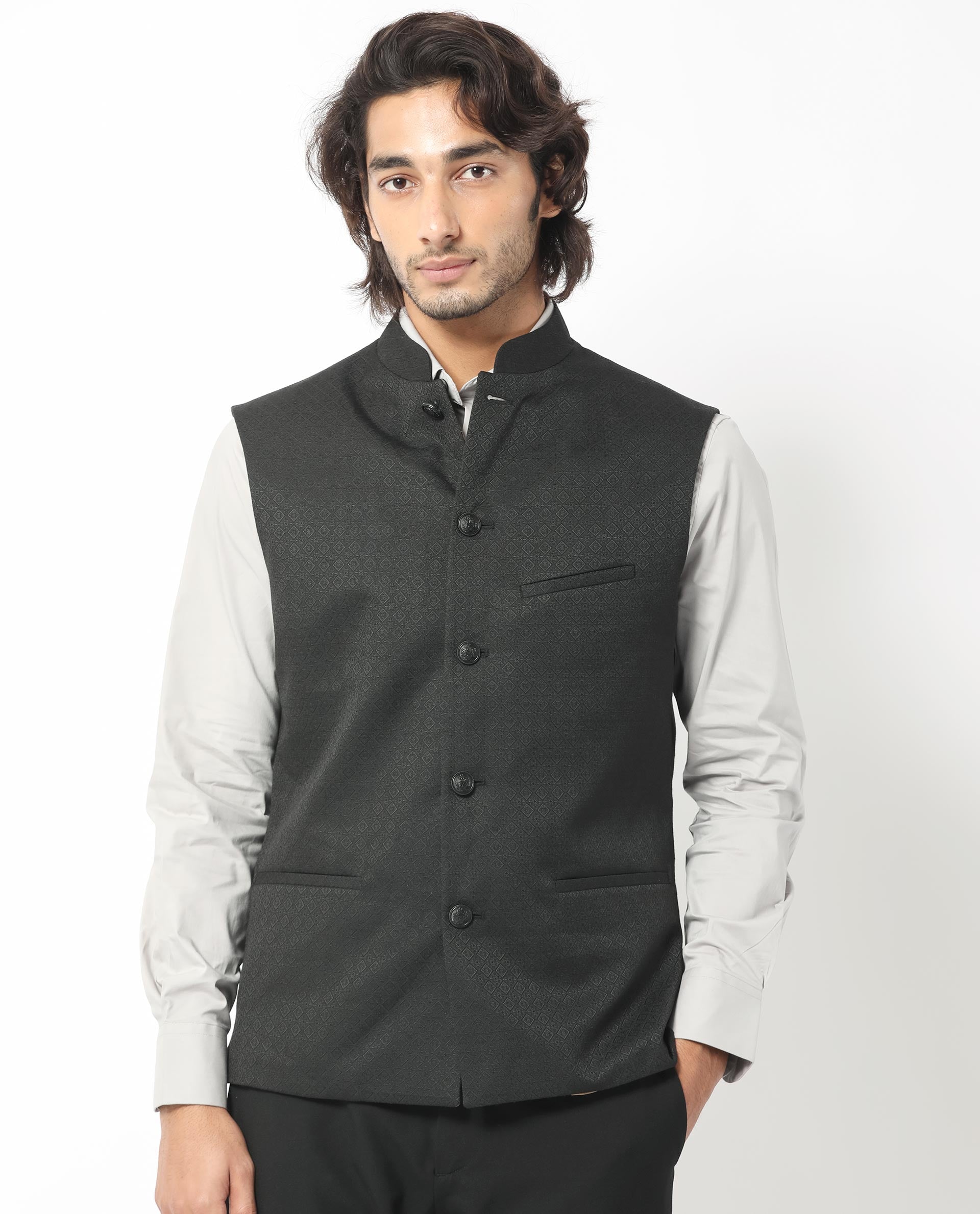 Rare Rabbit Men's Cerny Black Mandarin Collar Tailored Fit Geometric Jacquard Bandi