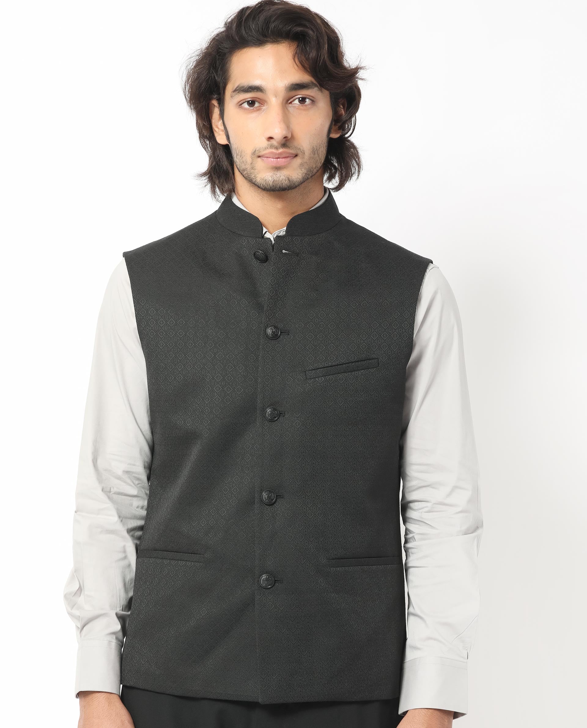 Rare Rabbit Men's Cerny Black Mandarin Collar Tailored Fit Geometric Jacquard Bandi