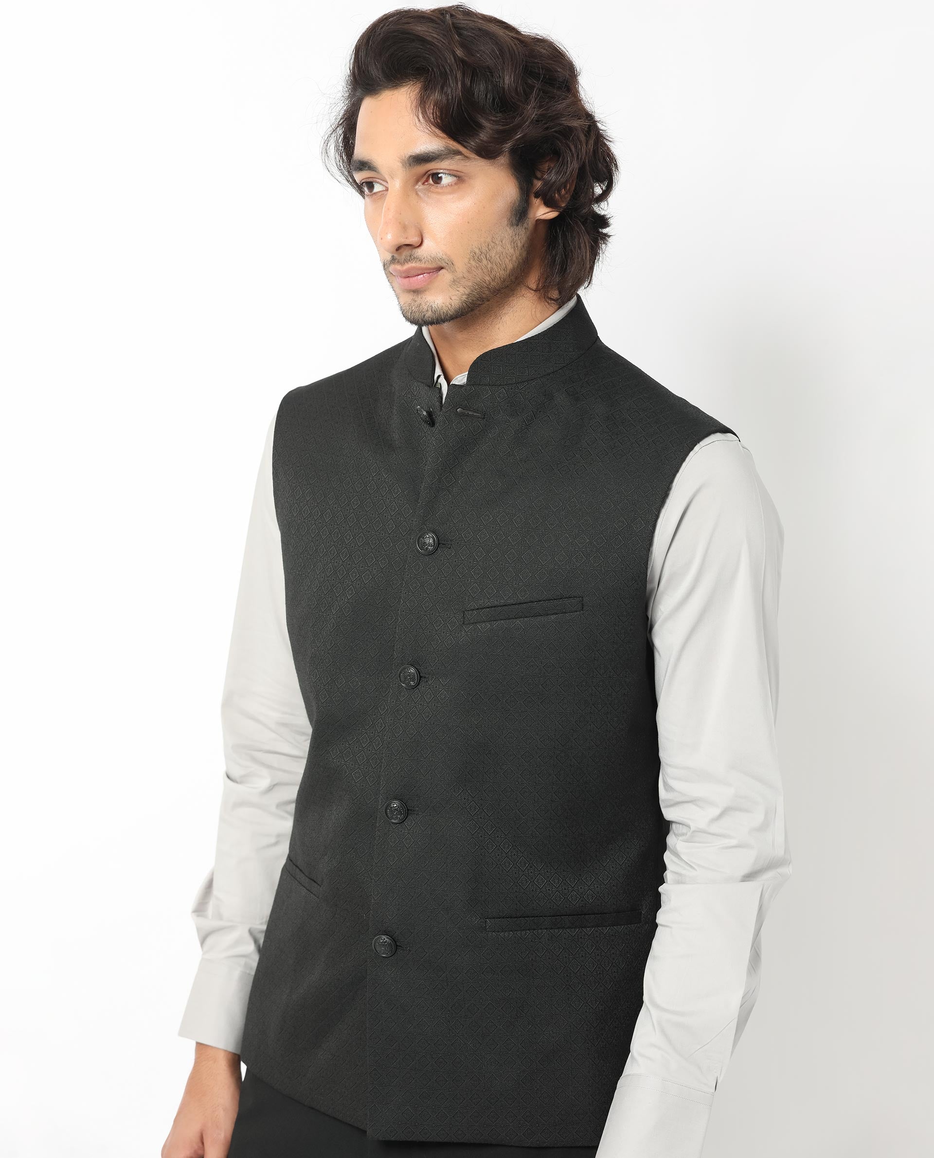 Rare Rabbit Men's Cerny Black Mandarin Collar Tailored Fit Geometric Jacquard Bandi