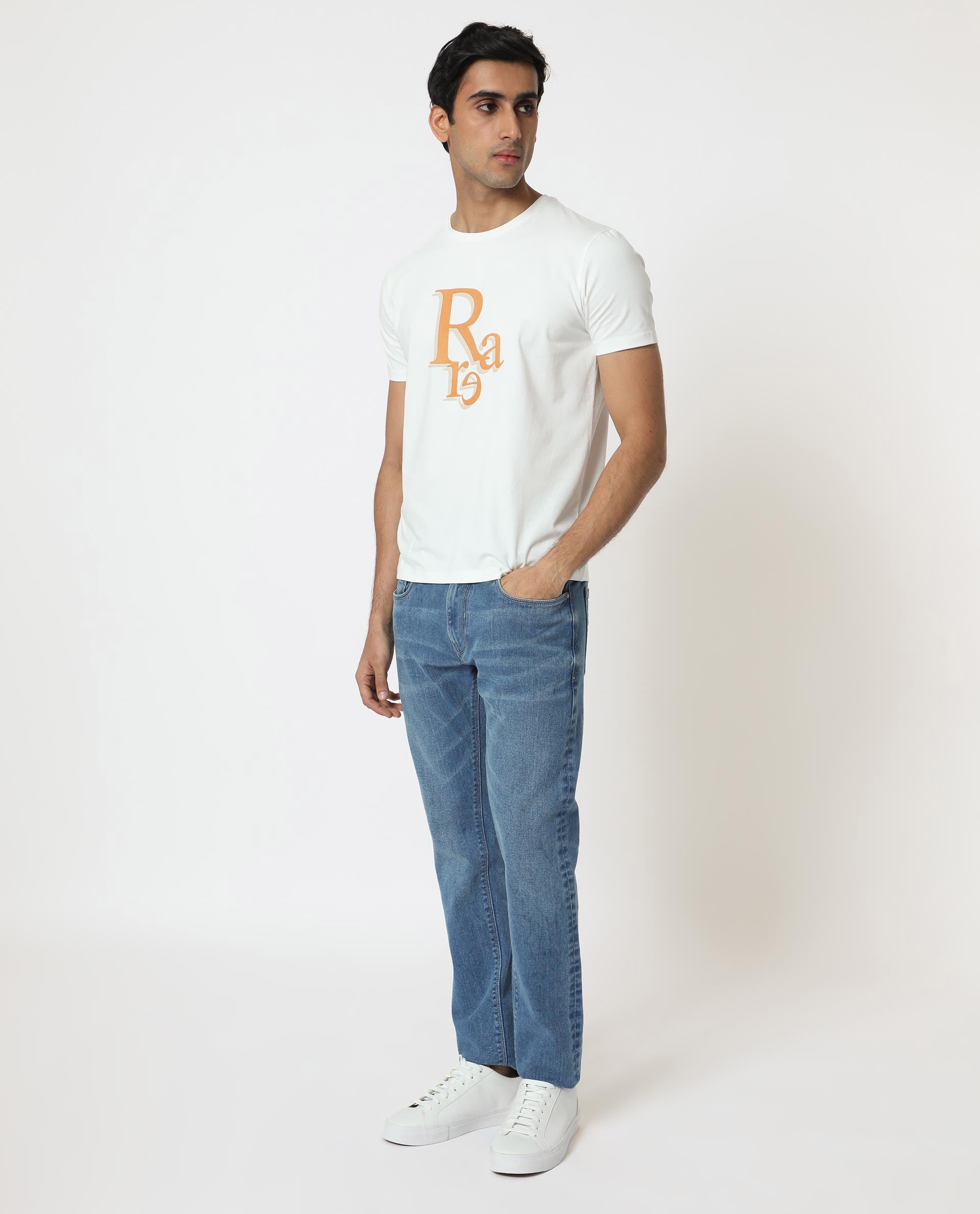 Rare Rabbit Men's Cero Off White Crew Neck Flock Print Branding Half Sleeves Regular Fit T-Shirt