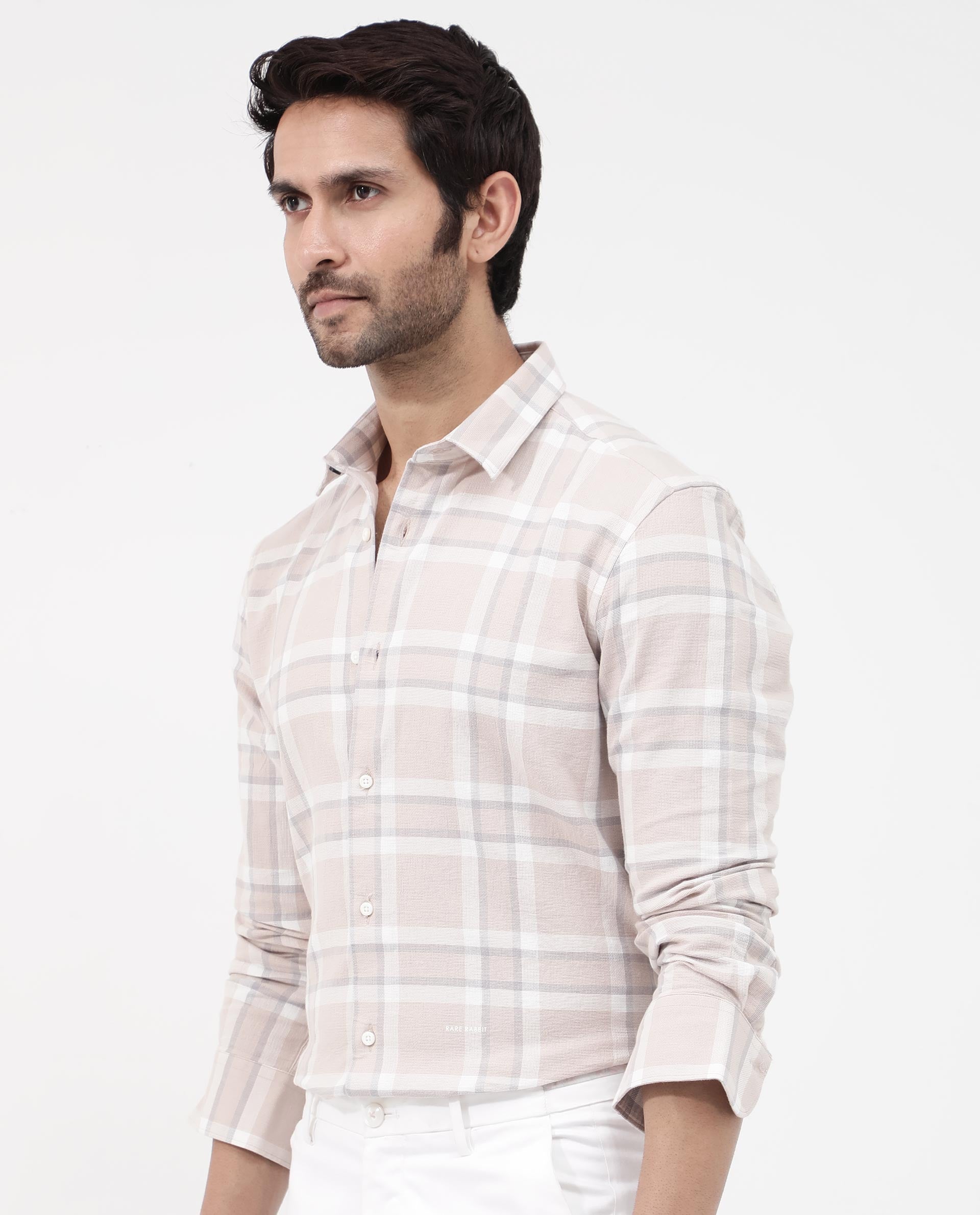 Rare Rabbit Mens Cerol Pastel Beige Cotton Fabric Full Sleeve Regular Fit Checks Shirt