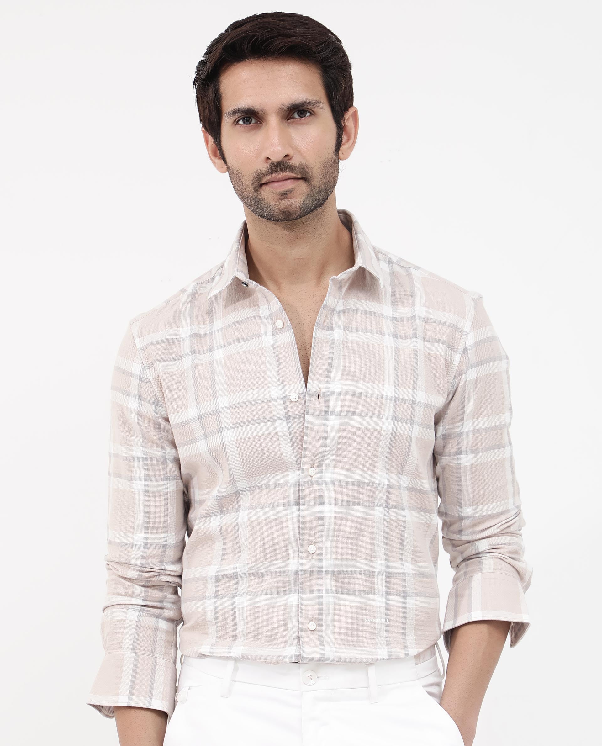 Rare Rabbit Mens Cerol Pastel Beige Cotton Fabric Full Sleeve Regular Fit Checks Shirt