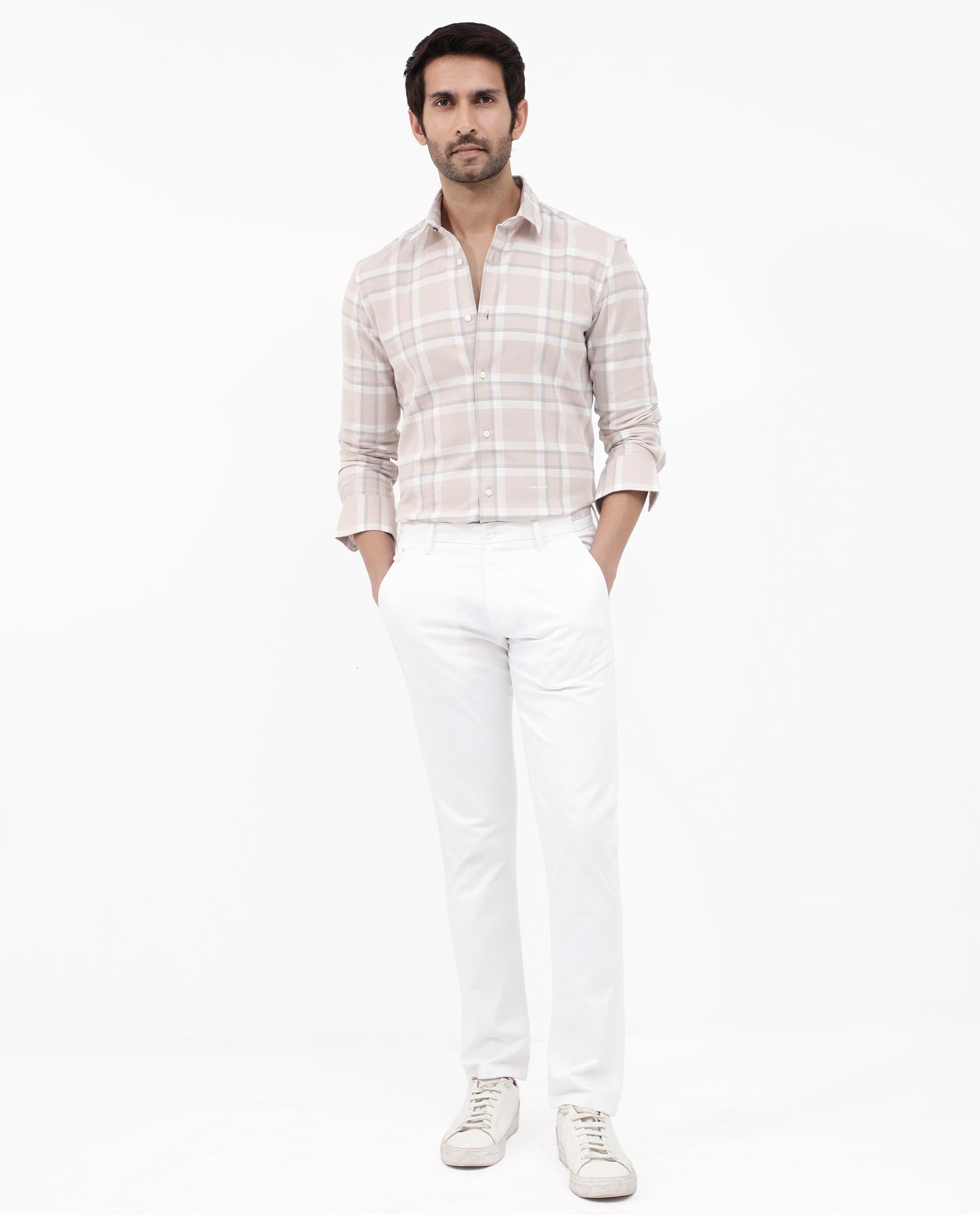 Rare Rabbit Mens Cerol Pastel Beige Cotton Fabric Full Sleeve Regular Fit Checks Shirt