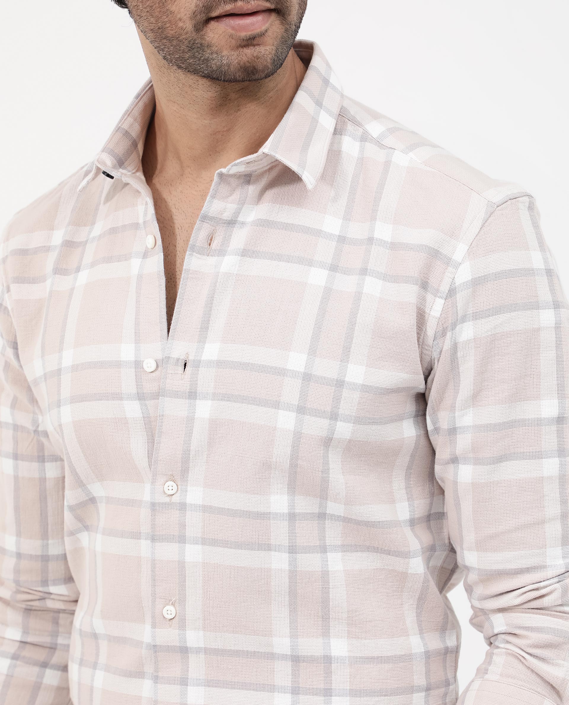 Rare Rabbit Mens Cerol Pastel Beige Cotton Fabric Full Sleeve Regular Fit Checks Shirt