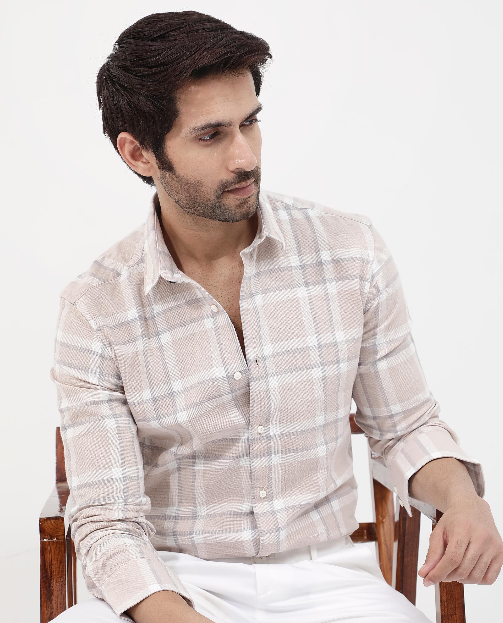 Rare Rabbit Mens Cerol Pastel Beige Cotton Fabric Full Sleeve Regular Fit Checks Shirt