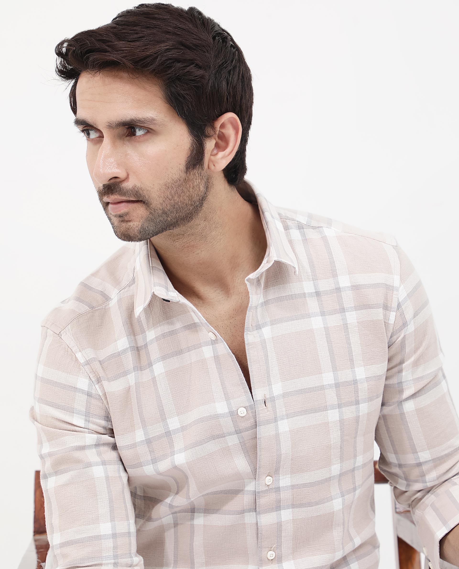 Rare Rabbit Mens Cerol Pastel Beige Cotton Fabric Full Sleeve Regular Fit Checks Shirt