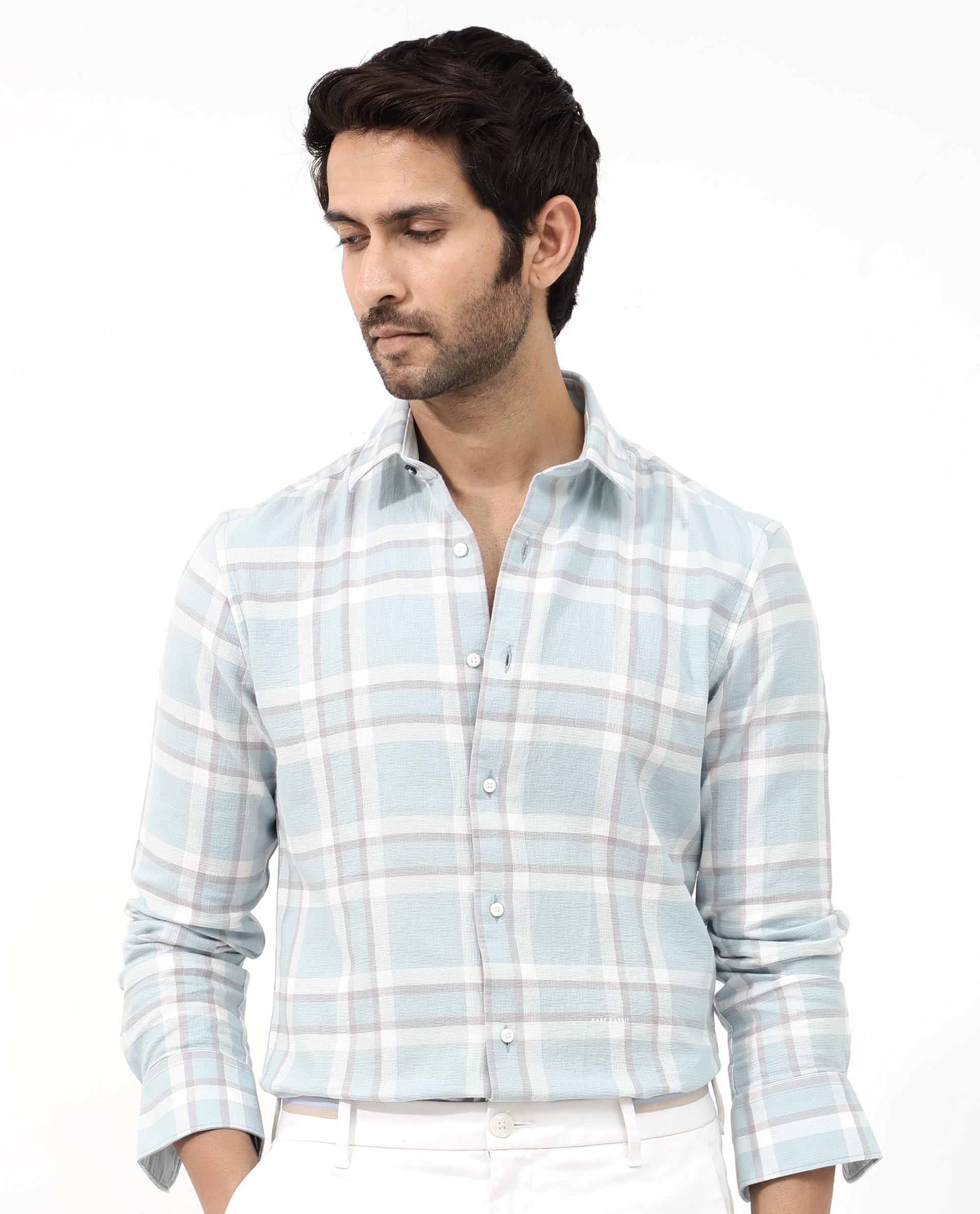Rare Rabbit Mens Cerol Pastel Blue Cotton Fabric Full Sleeve Regular Fit Checks Shirt