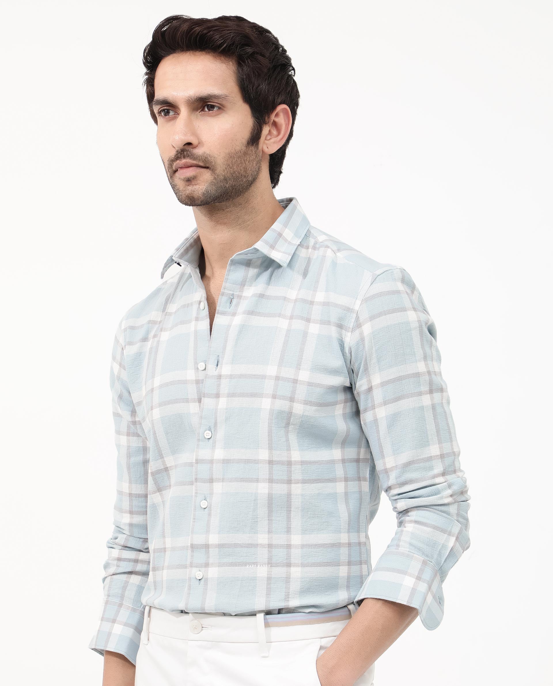 Rare Rabbit Mens Cerol Pastel Blue Cotton Fabric Full Sleeve Regular Fit Checks Shirt