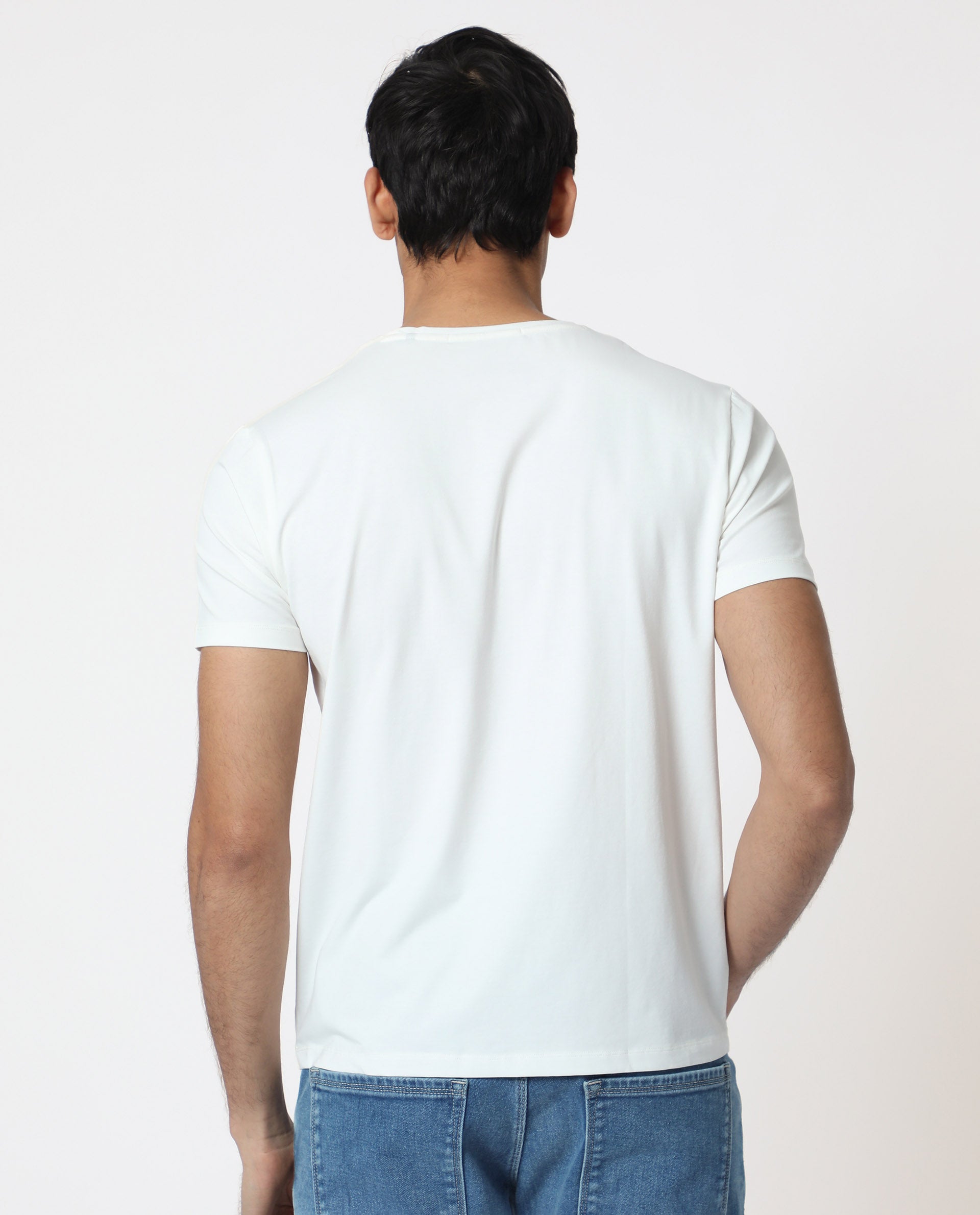 Rare Rabbit Men's Cero Off White Crew Neck Flock Print Branding Half Sleeves Regular Fit T-Shirt