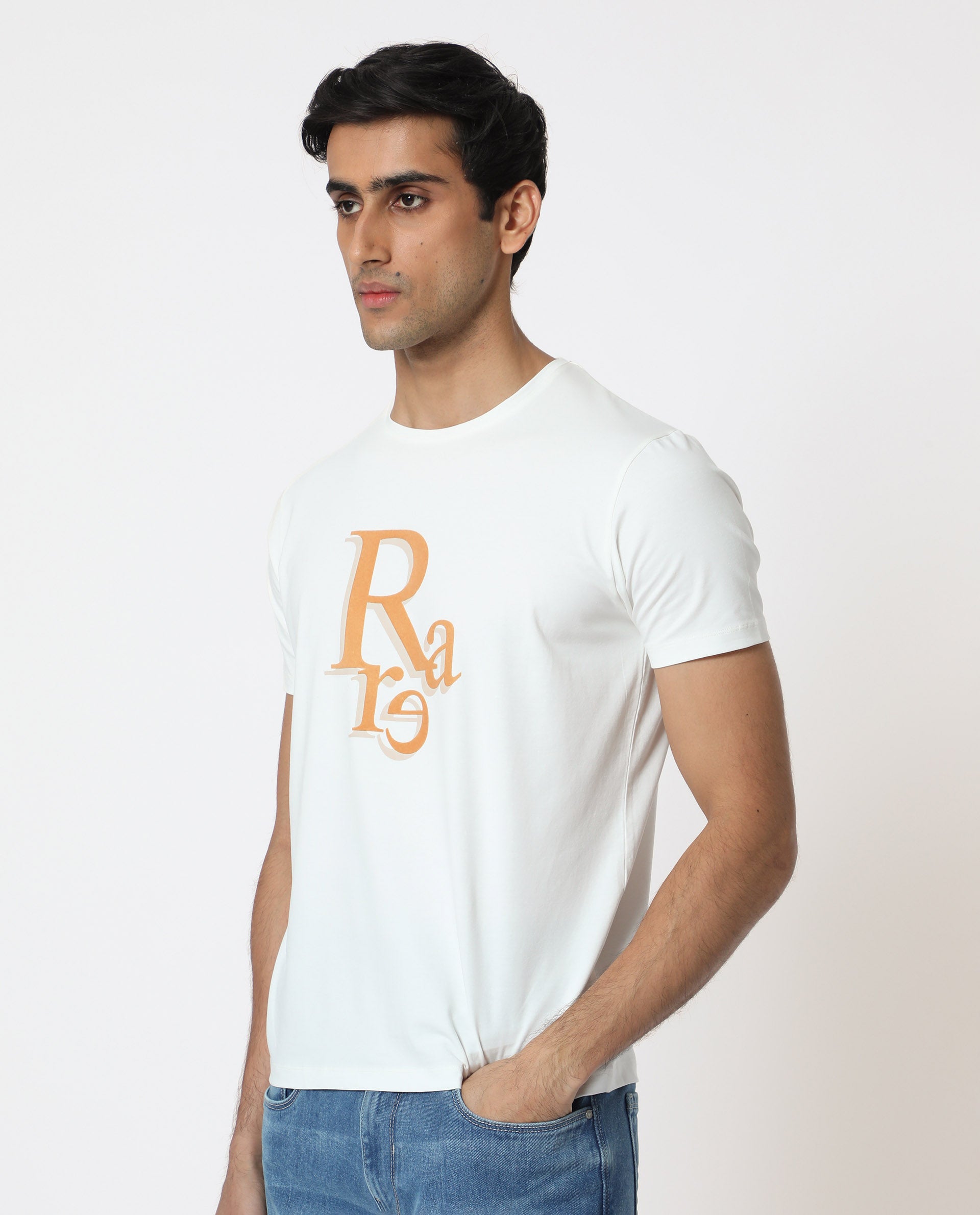 Rare Rabbit Men's Cero Off White Crew Neck Flock Print Branding Half Sleeves Regular Fit T-Shirt