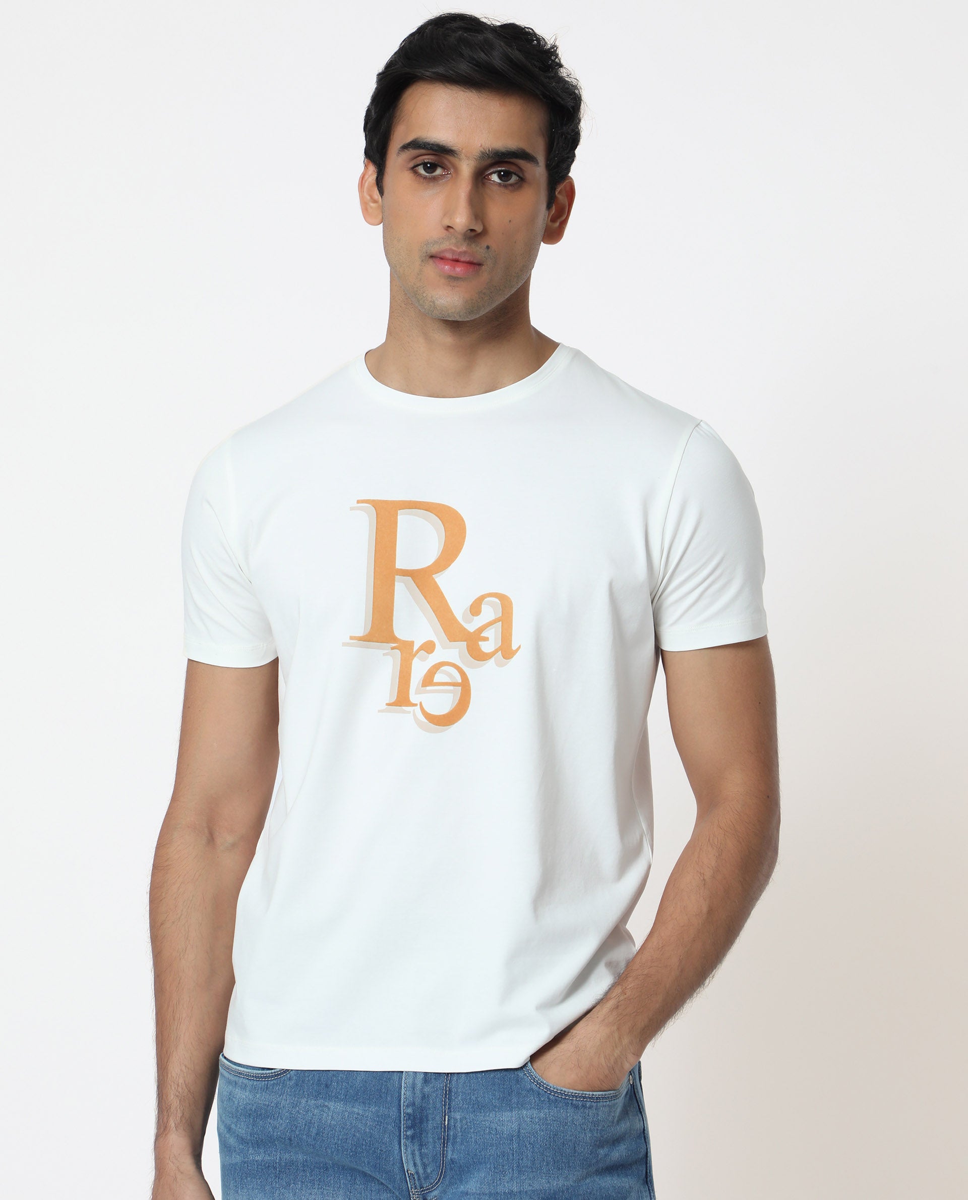 Rare Rabbit Men's Cero Off White Crew Neck Flock Print Branding Half Sleeves Regular Fit T-Shirt