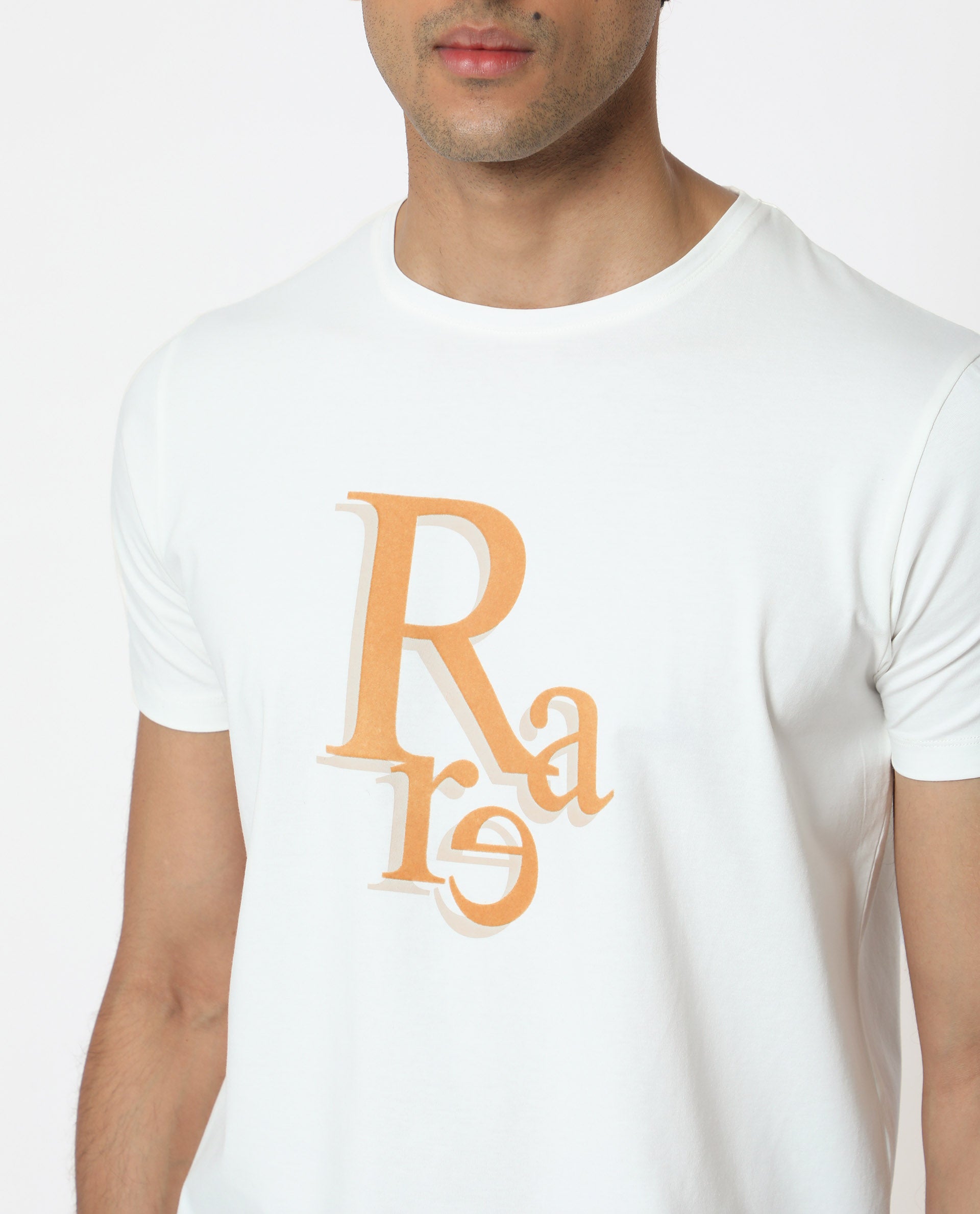 Rare Rabbit Men's Cero Off White Crew Neck Flock Print Branding Half Sleeves Regular Fit T-Shirt